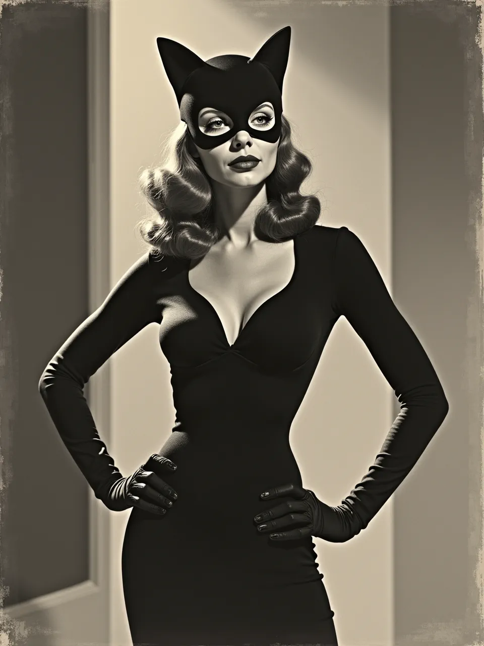 This alluring Catwoman, in John Philip Falter's classic oil painting style, boasts dramatic chiaroscuro lighting and richly smooth textures. A vintage illustration masterpiece, it captures iconic allure.