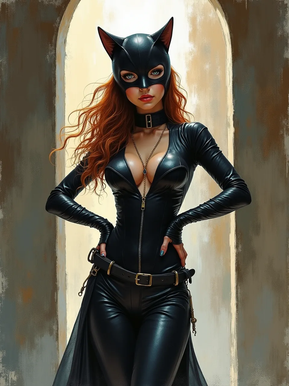 This Flux AI image presents Catwoman in the evocative style of John Salminen. Dramatic lighting illuminates her reflective leather textures and vibrant red hair, captured masterfully in a compelling digital.