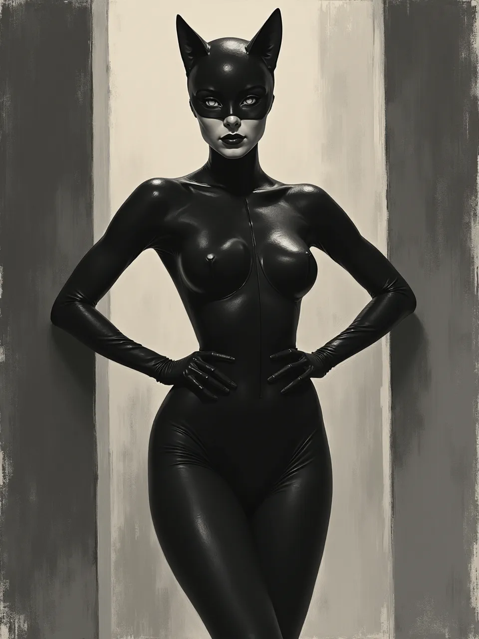 This John Schoenherr-style Catwoman generation features dramatic lighting illuminating her sleek, glossy suit textures. This stunning grayscale illustration, with gritty background strokes, evokes powerful charcoal/ink artistry.