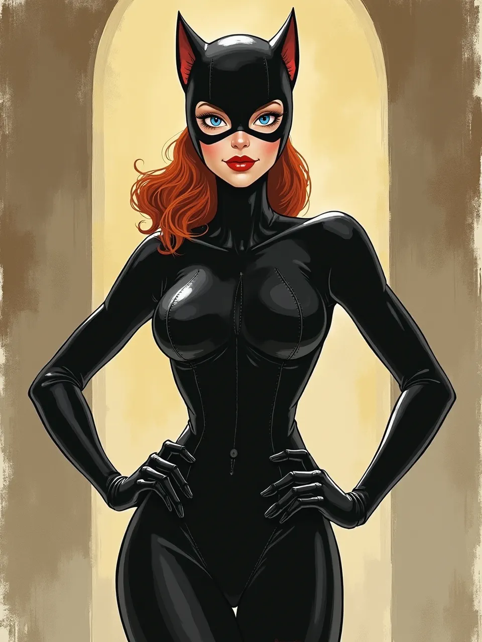 This AI-generated Catwoman, in John T. Biggers' style, features dramatic lighting on slick textures. Digital art highlights her shiny suit, vibrant hair, and sharp details.