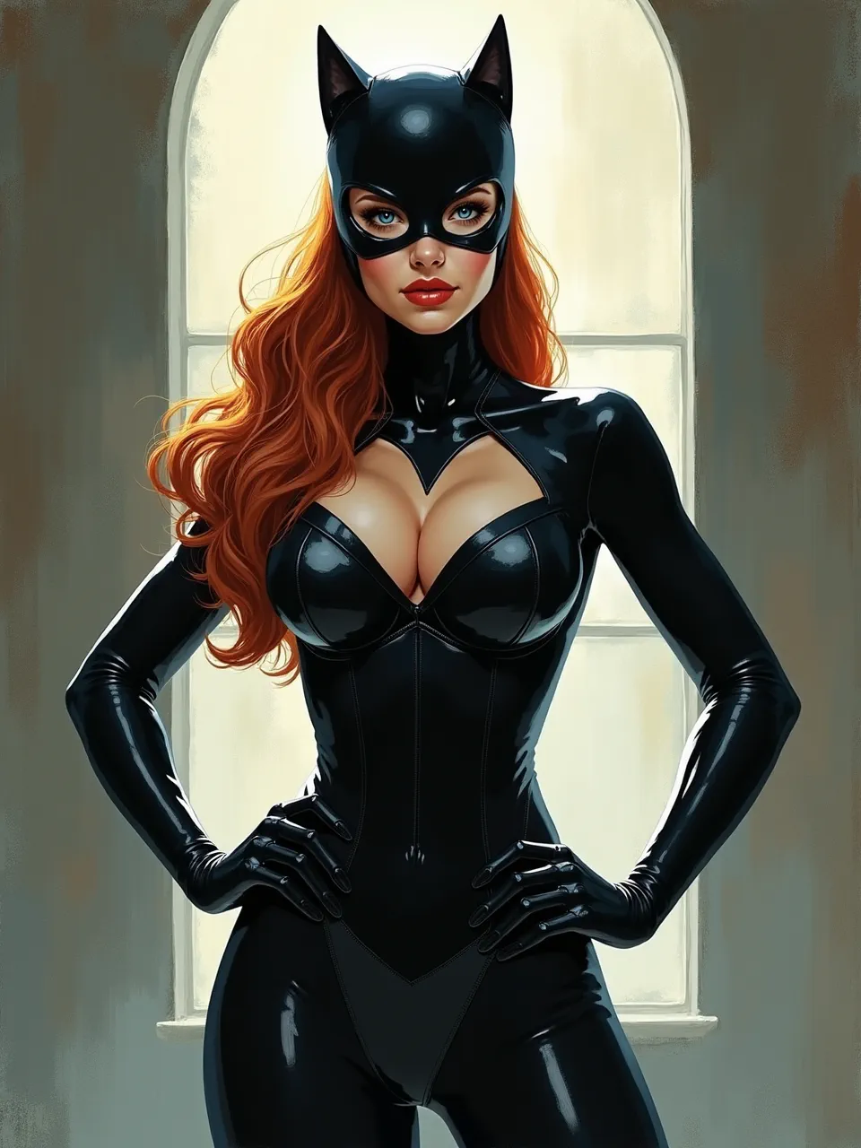 Jon Foster's dynamic lighting illuminates a stunning Catwoman, her glossy catsuit textures and flowing red hair rendered with exquisite detail in this captivating painterly digital illustration.