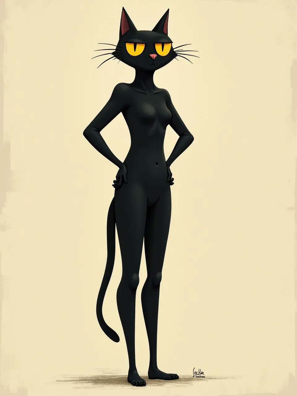 This Jon Klassen inspired Catwoman boasts minimalist digital painting, utilizing soft, directional lighting to define its sleek, matte textures against a subdued background.
