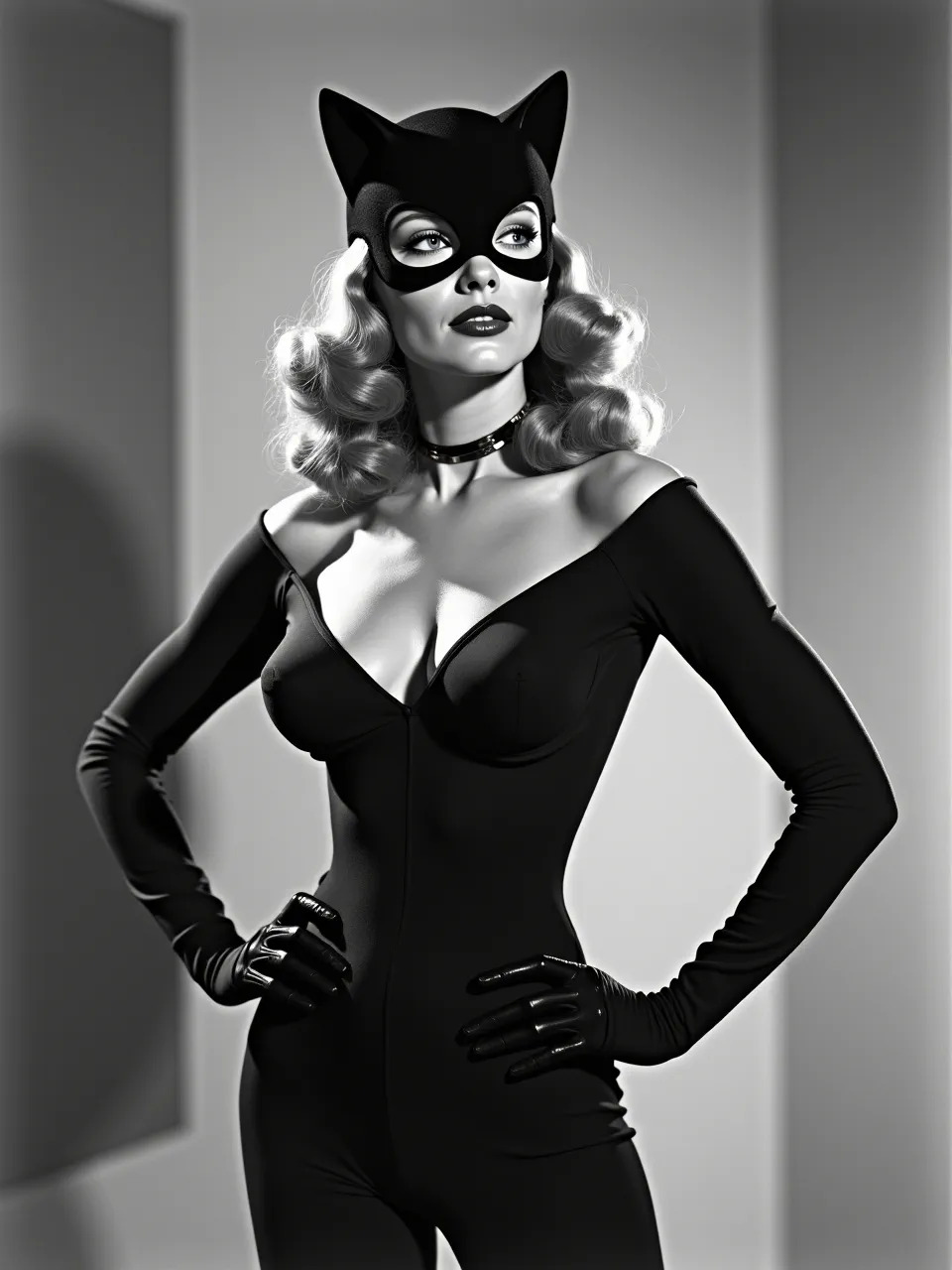 A captivating Catwoman in Jon Whitcomb's iconic style. Dramatic vintage lighting enhances sleek suit textures and glossy gloves, a stunning monochrome illustration.