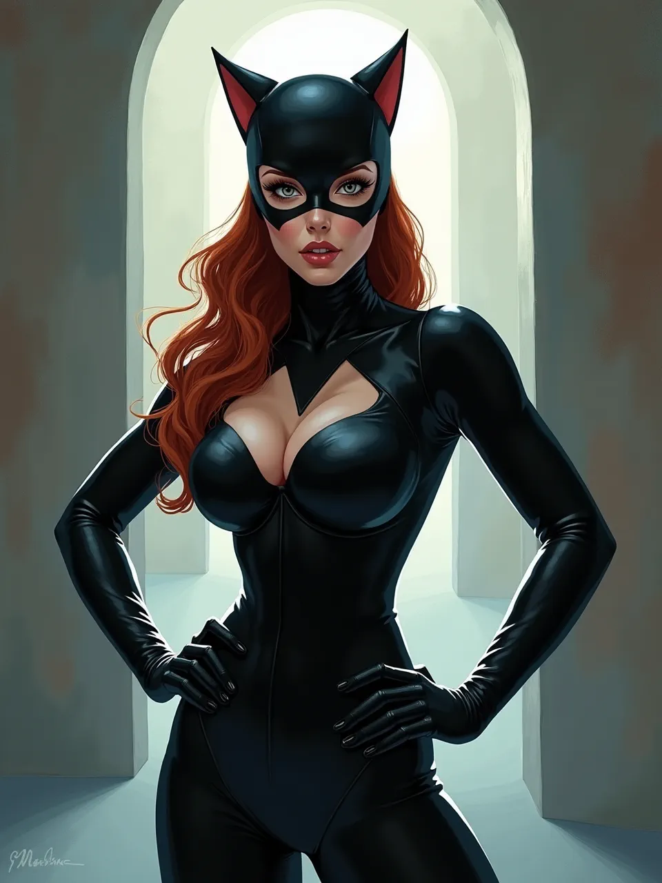 This Jonny Duddle-inspired digital painting of Catwoman truly shines with dramatic lighting and glossy textures. The vibrant artistic medium brings the iconic character dynamically to life.
