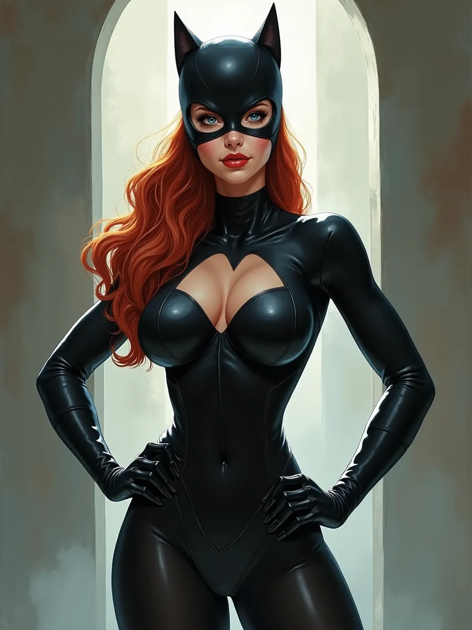 This Jordan Grimmer-style Catwoman digital painting features dynamic lighting, emphasizing glossy suit textures and flowing red hair. A masterclass in compelling character art.