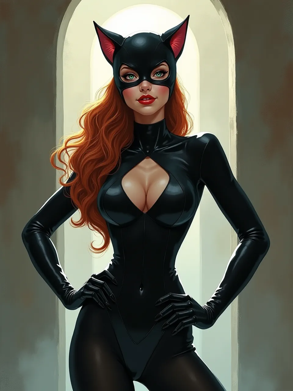 This Flux AI Catwoman, in Jorge Jacinto's distinct digital painting style, features striking lighting enhancing glossy suit textures and vibrant red hair.