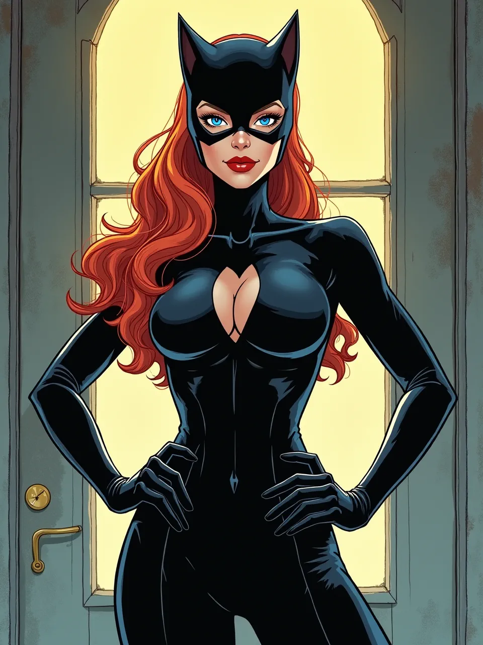 This vibrant Catwoman digital illustration, inspired by Josan Gonzalez's distinct comic art, features striking backlighting and glossy, detailed suit textures, characteristic of high-quality graphic novel storytelling.