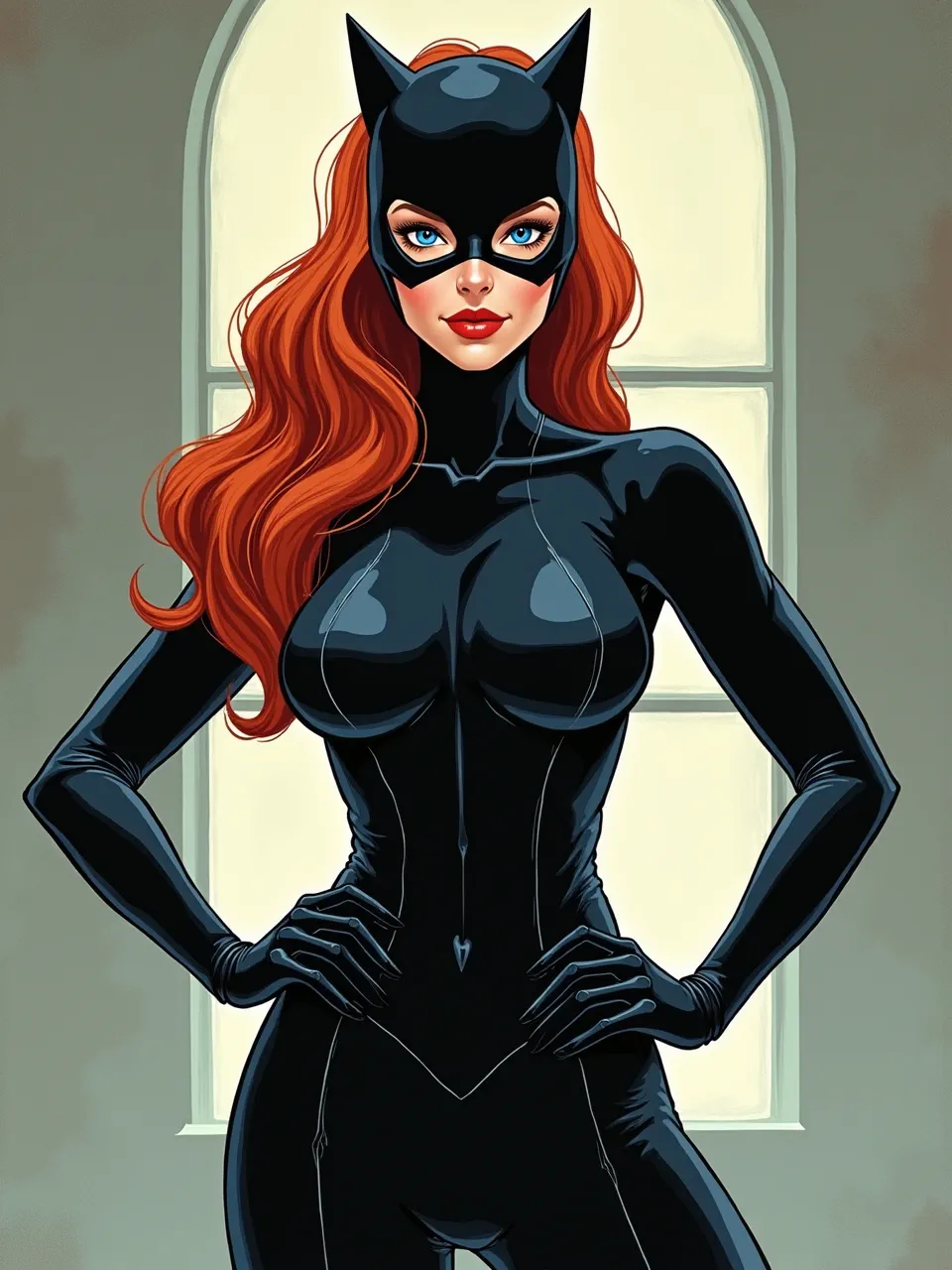 Experience Joshua Middleton's iconic Catwoman, featuring dramatic lighting illuminating reflective suit textures and vibrant red hair. A masterful digital comic art portrayal.