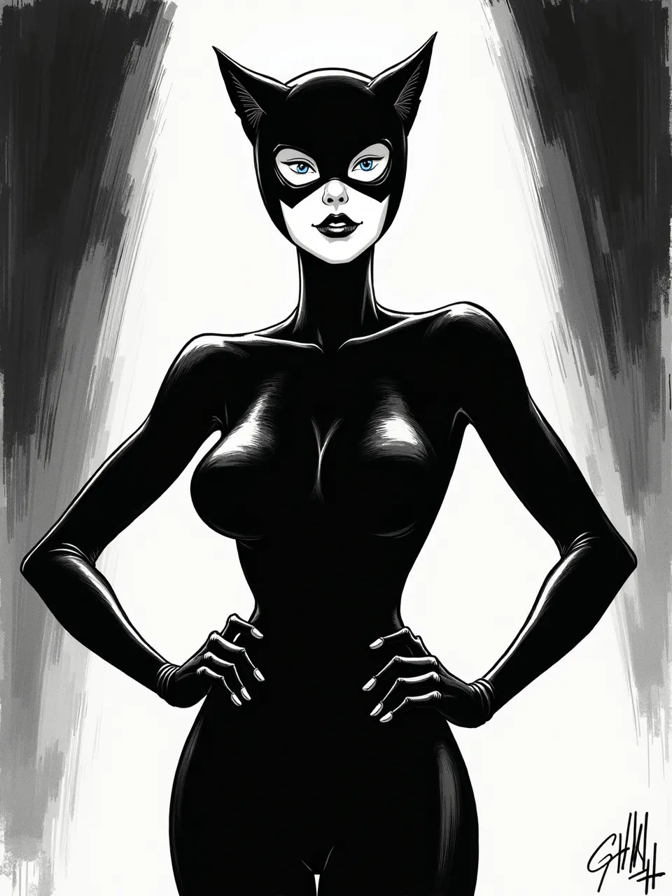 Flux AI's Junji Ito-style Catwoman digital illustration. Stark, high-contrast lighting accentuates glossy latex textures and unsettling black-and-white manga aesthetics, embodying horror.