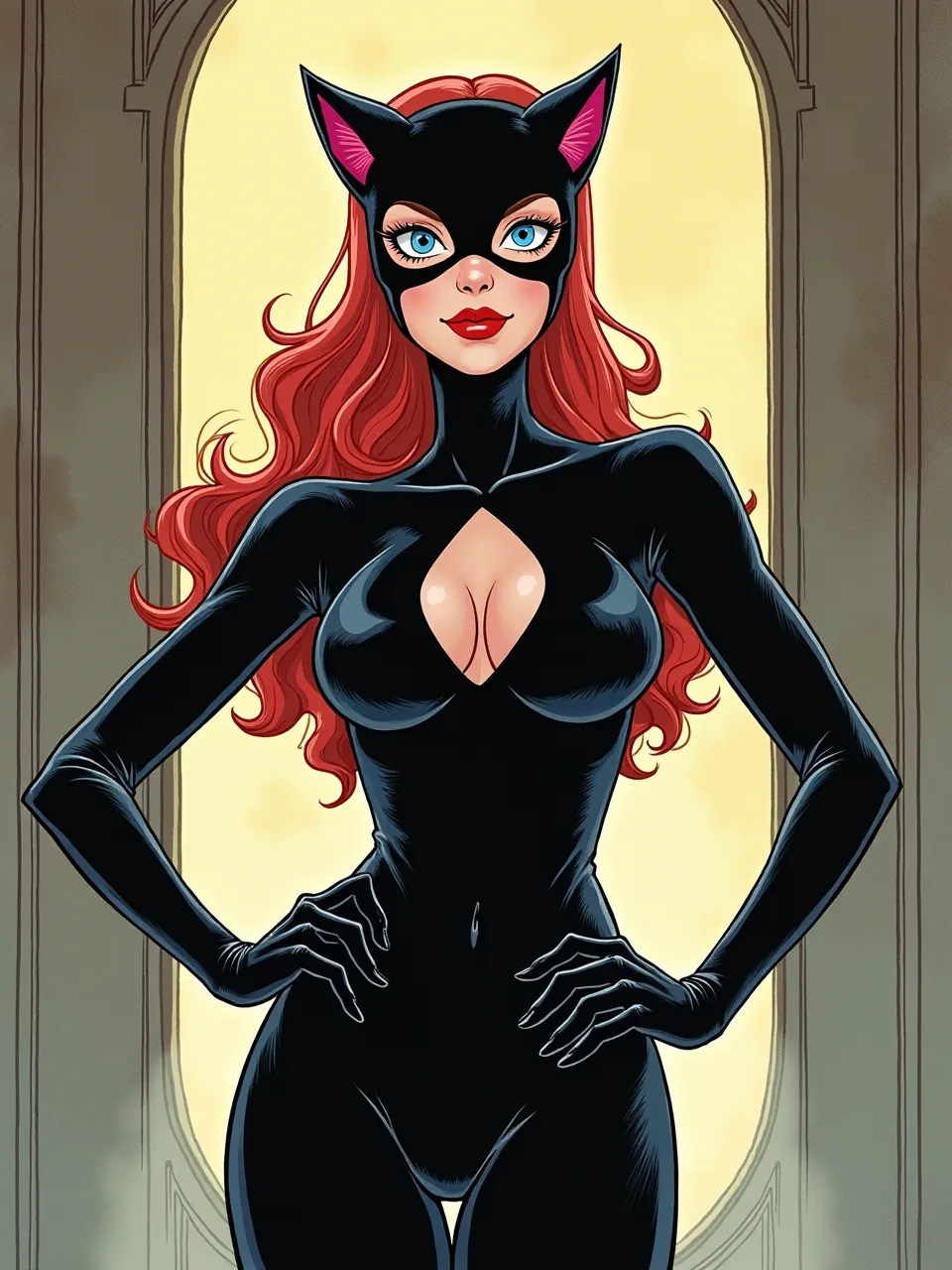 Experience a bold Junko Mizuno Catwoman generation, showcasing dramatic digital lighting, lustrous textures on her iconic suit, and the distinctive comic book artistic medium.