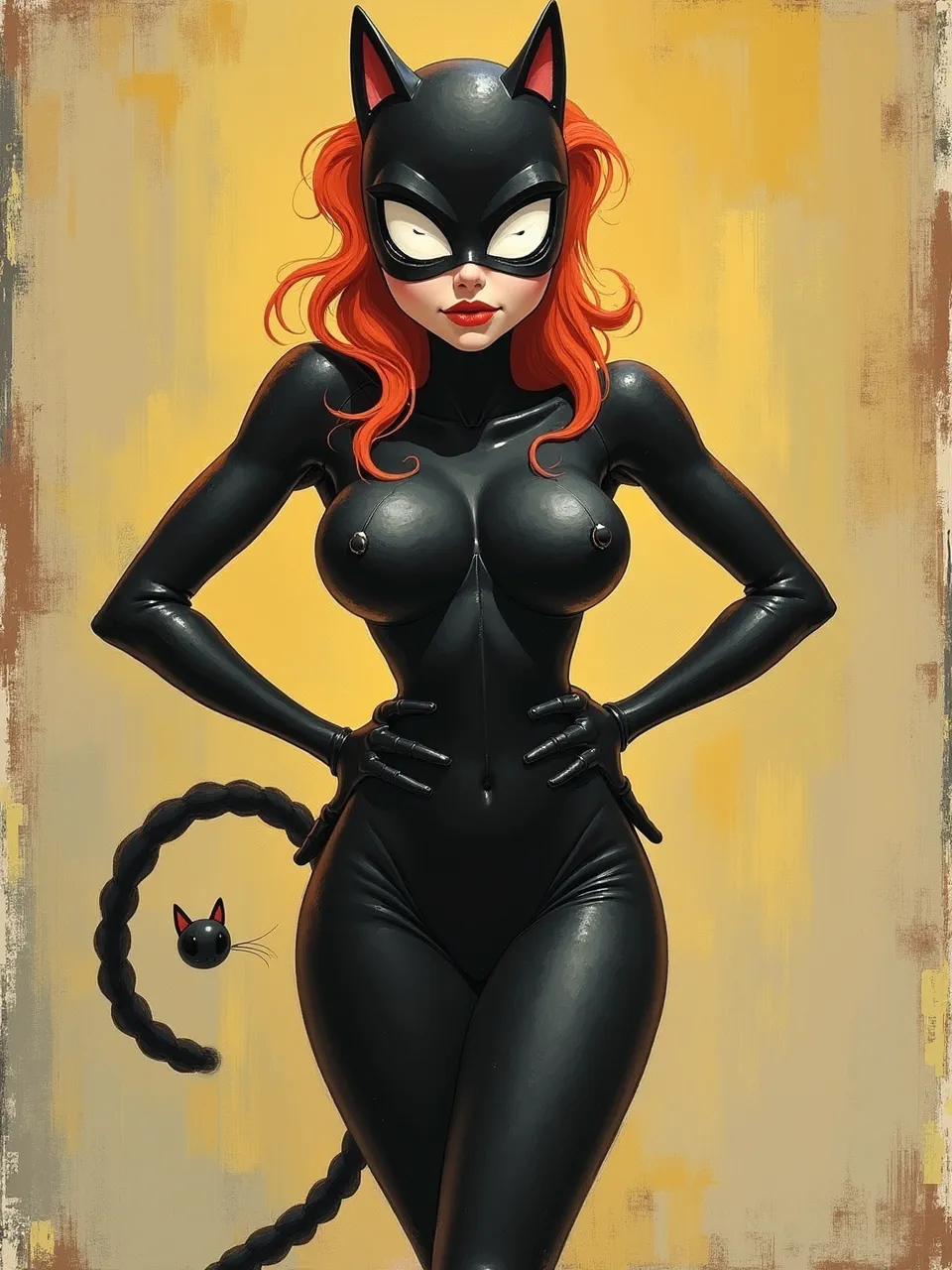 This vibrant Catwoman digital painting, channeling Karel Appel's expressive style, features dynamic lighting illuminating her glossy suit. Impasto oil textures define the background, creating a bold, unique artwork.