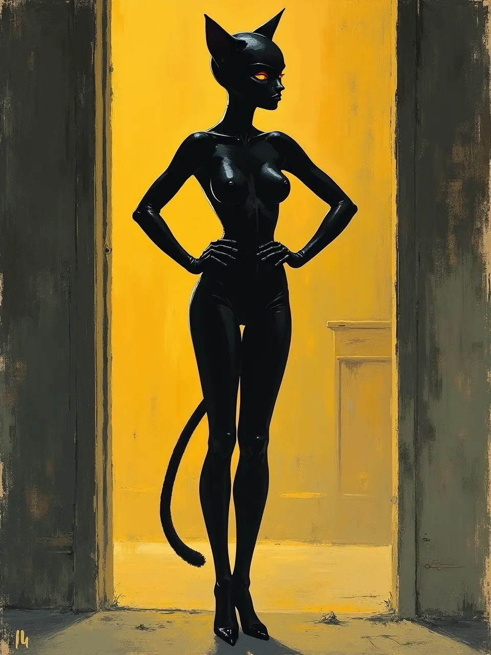 Karel Thole's evocative style defines this Catwoman digital oil painting. Dramatic lighting highlights sleek, glossy textures against a bold backdrop, an artistic masterpiece.