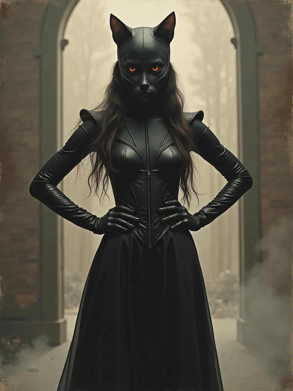 This Catwoman AI artwork, in Karl Wilhelm Diefenbach's style, features dramatic lighting, rich leather textures, and an aged digital painting medium, creating a mystic, gothic feel.