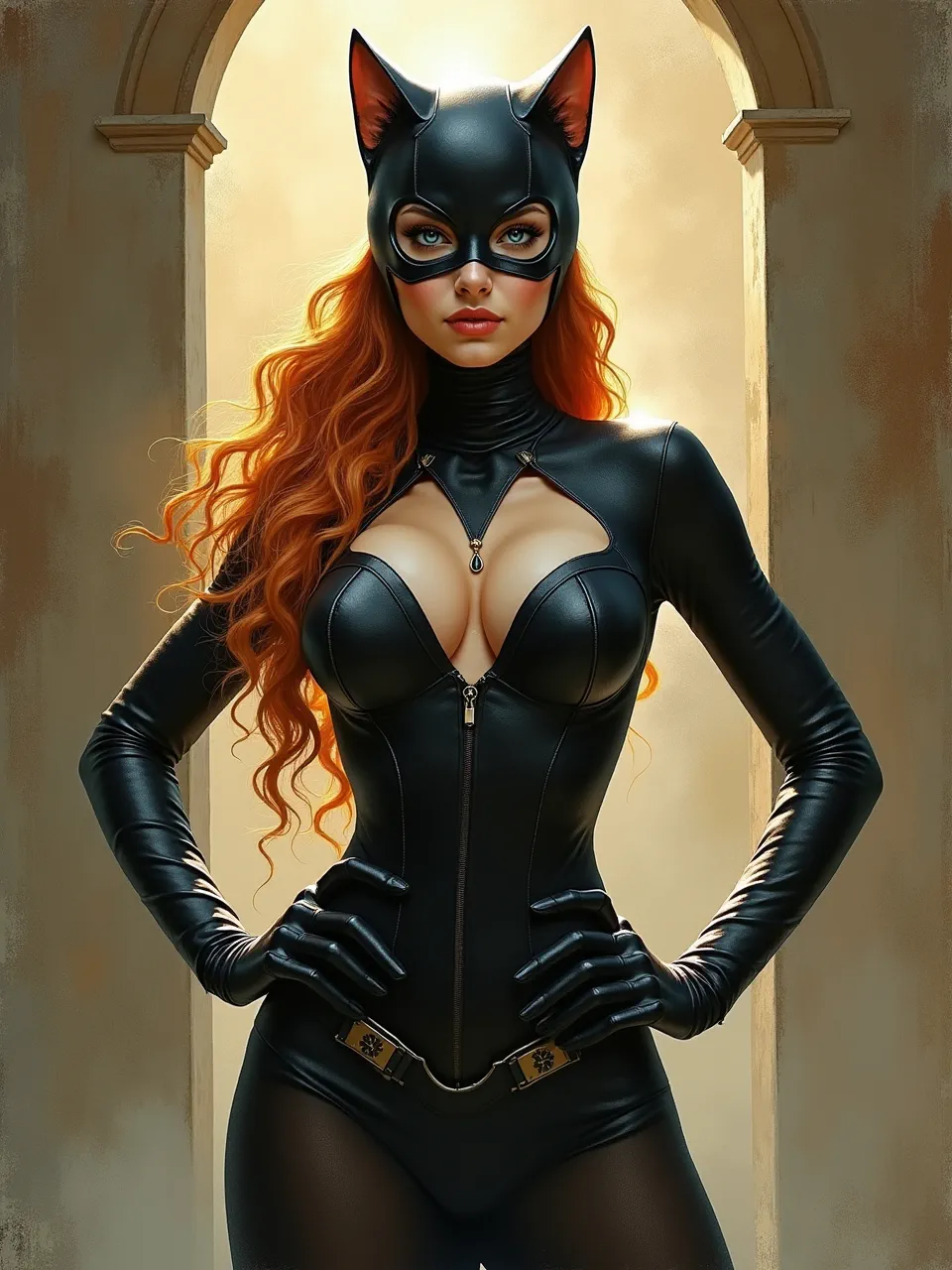 This AI-generated Catwoman, in Karol Bak's ethereal digital painting style, features dramatic lighting illuminating glossy textures and flowing hair, creating a captivating hero portrait.