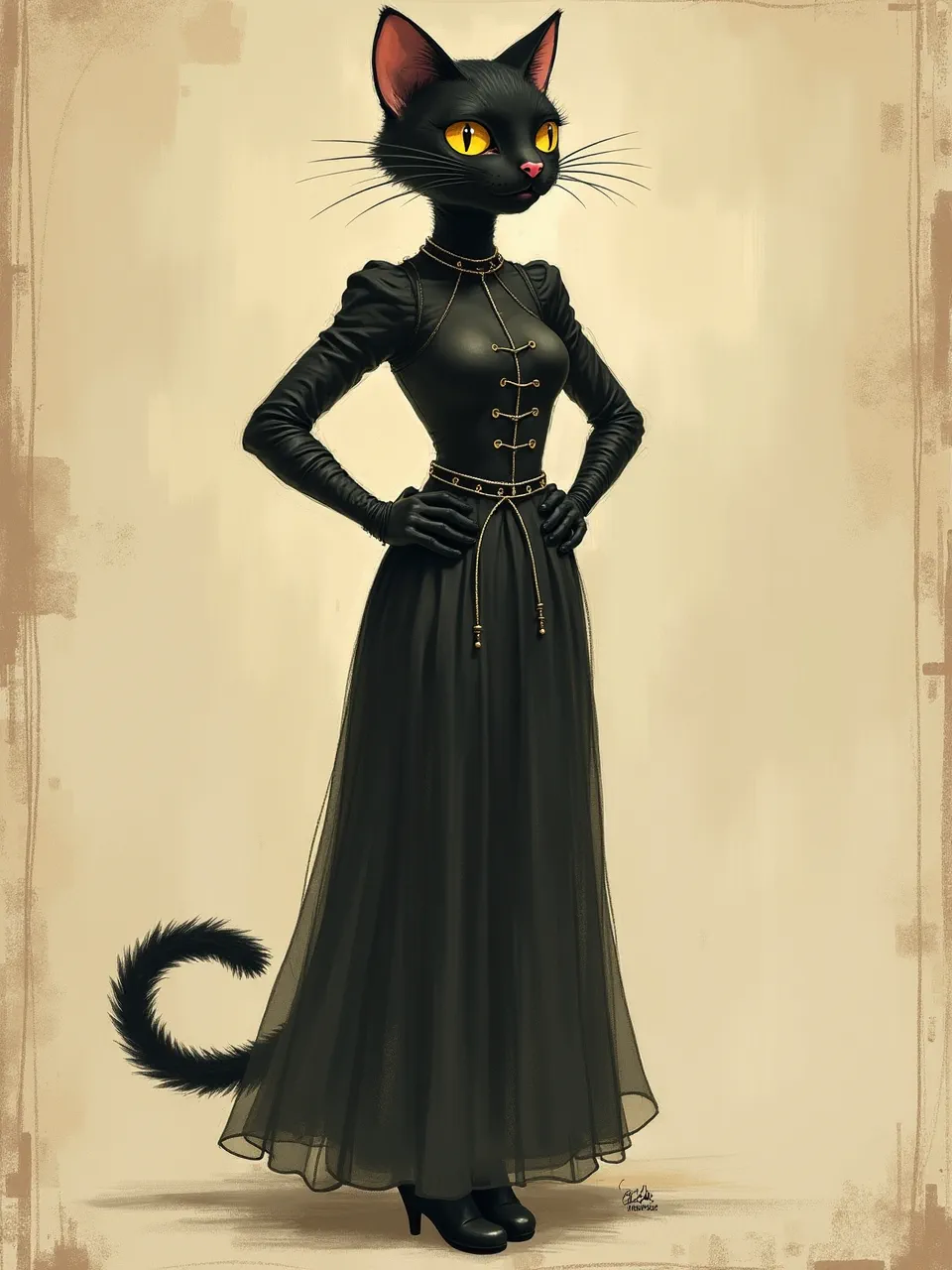 This captivating Kate Greenaway-inspired Catwoman illustration features soft, diffused lighting illuminating rich textures: sleek leather, flowing sheer fabric. A charming vintage digital art medium for fans.
