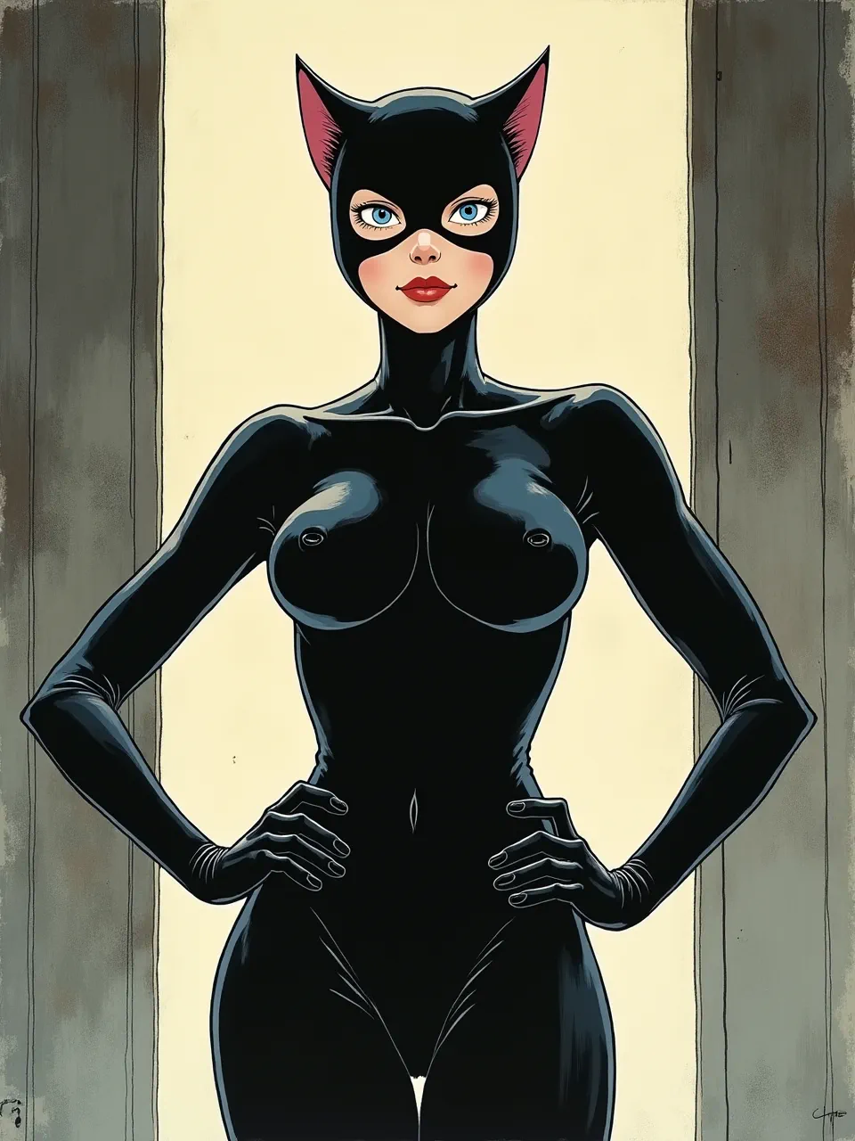 This Katsuhiro Otomo-styled Catwoman illustration showcases glossy suit textures and dramatic backlighting. A vibrant digital comic art piece, it masterfully captures classic manga aesthetics.