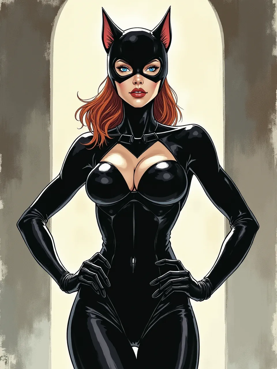 This striking Katsuya Terada-style Catwoman digital illustration masterfully showcases glossy catsuit textures, dramatic lighting, and intricate comic art detail. An iconic superhero portrait.
