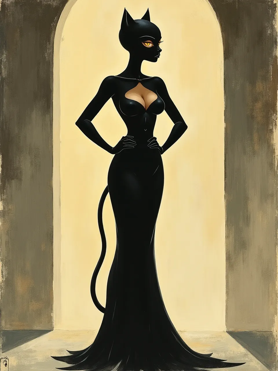 Kay Nielsen's elegance meets Catwoman in this digital illustration. Luminous backlighting highlights sleek suit textures against painterly arches, delivering a striking, stylized graphic art aesthetic.