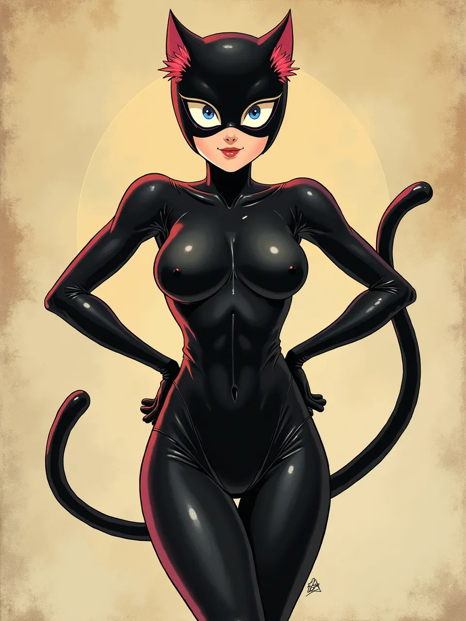 This captivating Catwoman digital artwork, in the bold Kazumasa Nagai style, highlights glossy latex textures, dramatic high-contrast lighting, and vibrant comic-book aesthetics for powerful SEO.