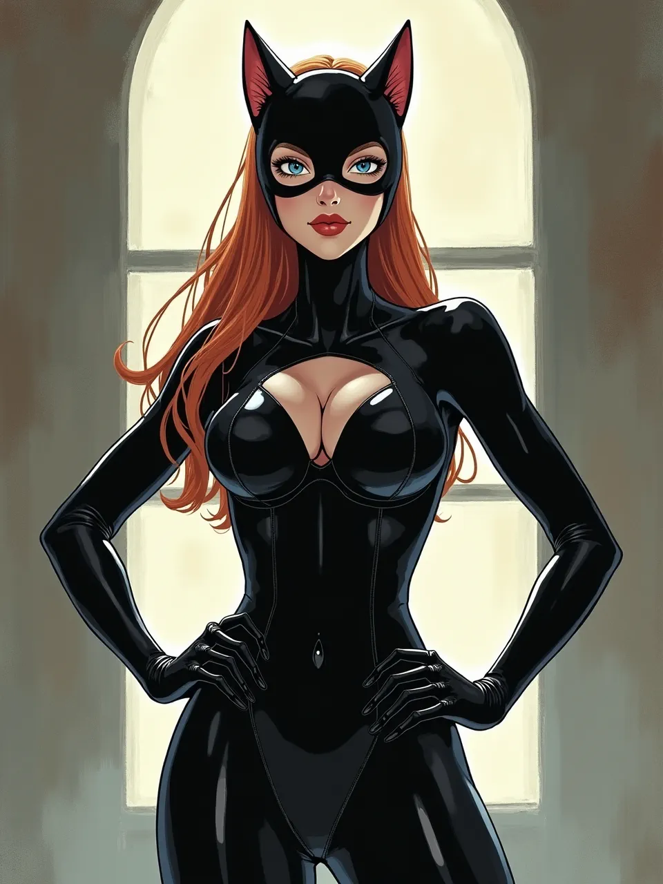 This stunning Kazuya Takahashi digital illustration features Catwoman, where dramatic lighting accentuates the glossy, sleek suit textures. This vibrant comic art shines with meticulous detail.