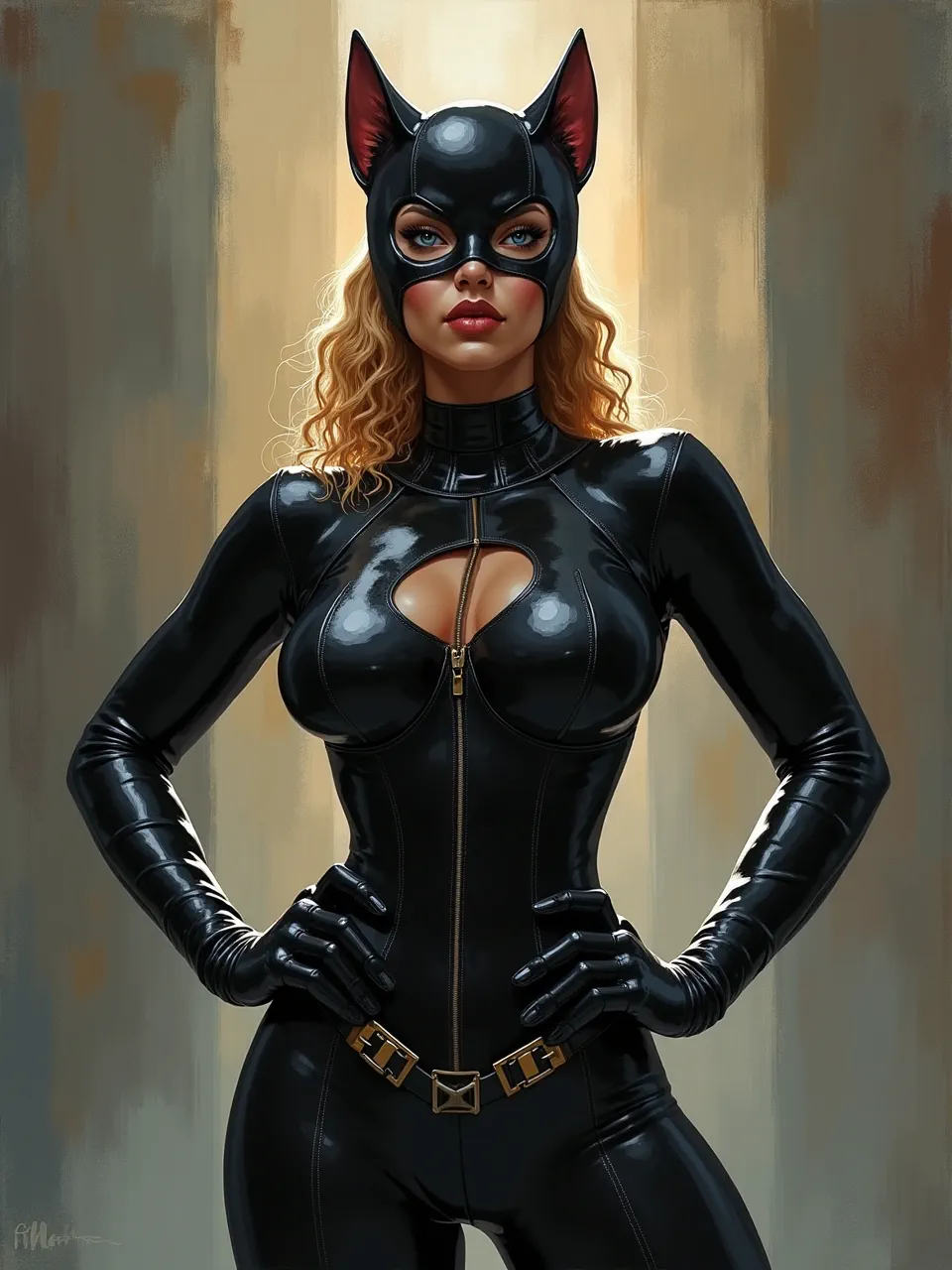 This stunning Kehinde Wiley-style Catwoman portrait showcases dramatic lighting, luxurious latex textures, and painterly brushstrokes. A captivating digital art generation highlighting iconic superheroine aesthetics.