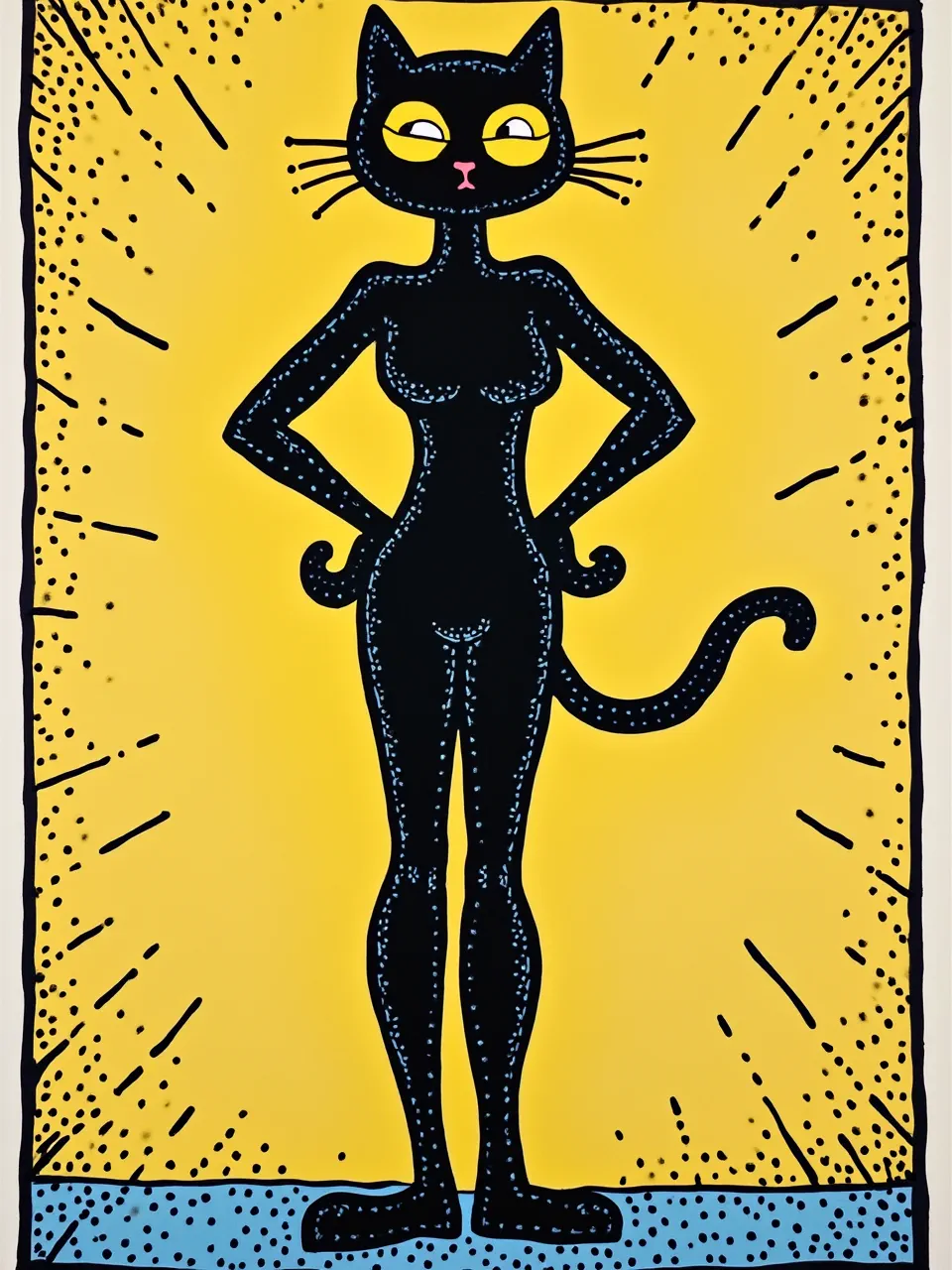 This vibrant Catwoman in Keith Haring's pop art style is a striking digital illustration. Bold outlines, flat colors, radiant lines, and dotted textures capture a dynamic screen print aesthetic.