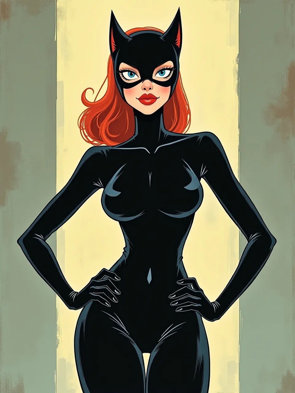 This Keith Negley Catwoman digital illustration features striking graphic lines, high-contrast lighting on a glossy suit, and subtle grunge textures, echoing a modern comic aesthetic.