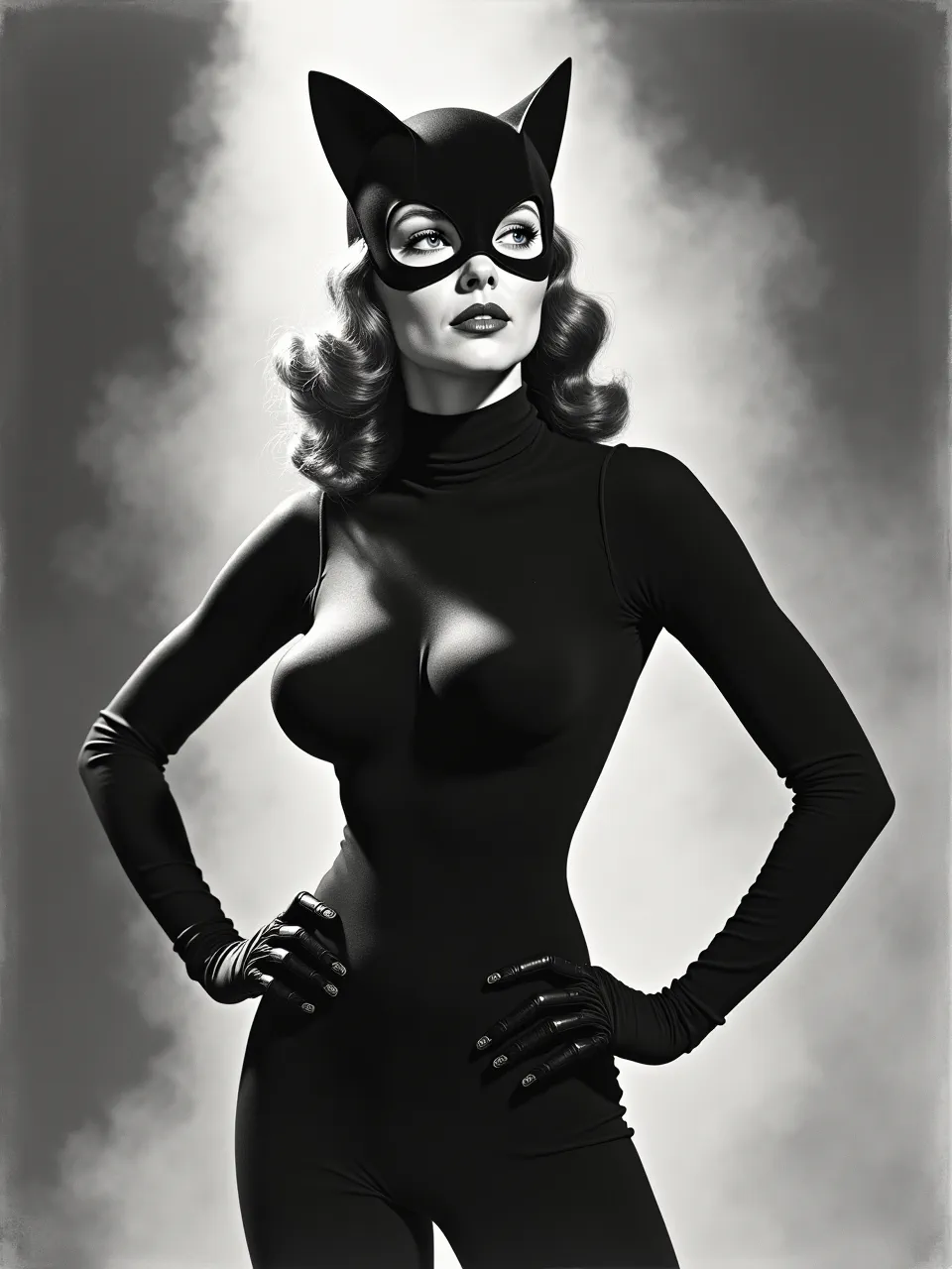 This dynamic AI Catwoman generation captures Kelly Freas's dramatic lighting and sleek textures in a striking monochromatic digital illustration, evoking vintage comic art.