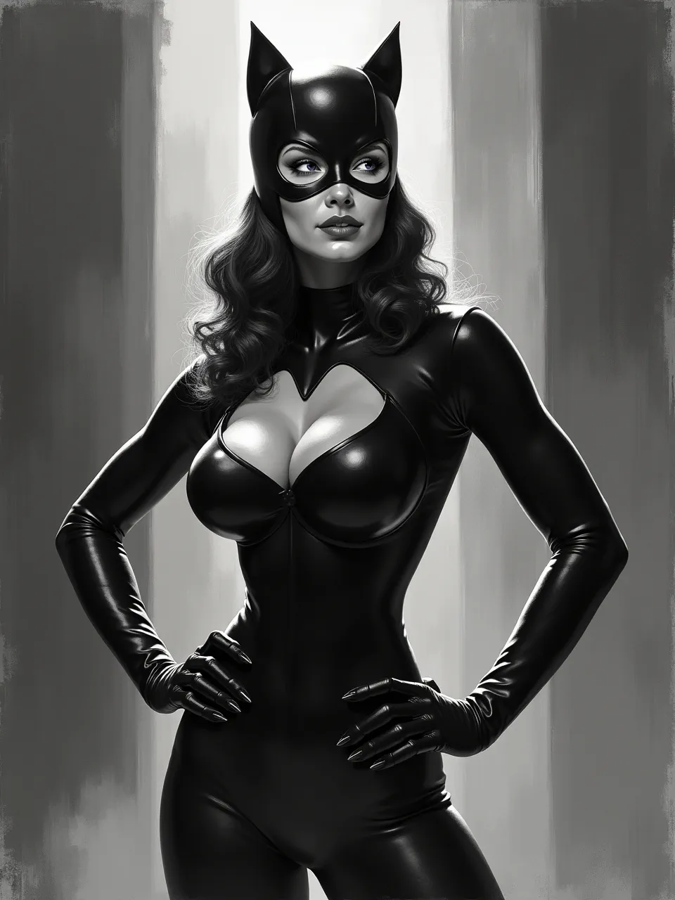 This dynamic Catwoman digital painting, in Ken Kelly style, showcases dramatic lighting and glossy latex textures. A high-contrast superhero illustration, perfect for dark fantasy art collectors.
