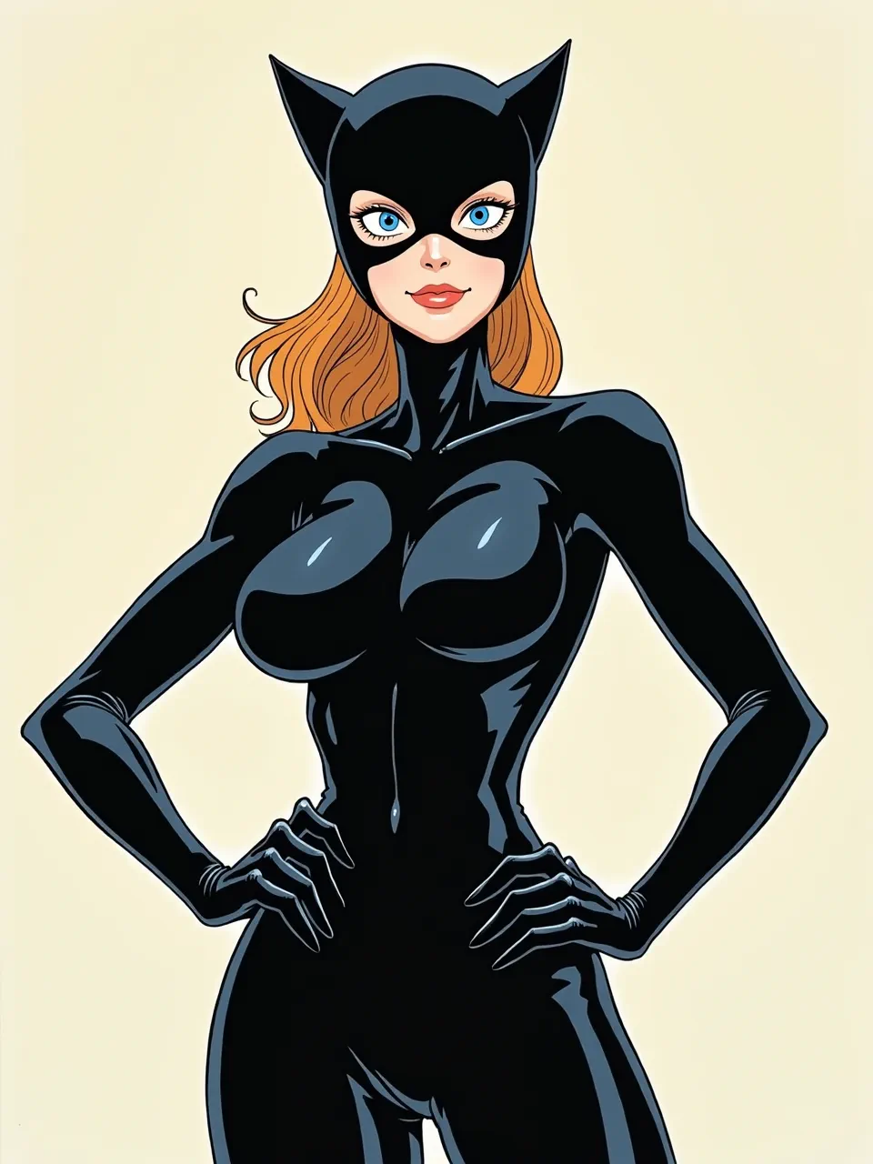 This Flux AI Catwoman generation in Ken Sugimori's distinct digital illustration style features vibrant flat colors, glossy suit textures, and bold outlines with even, bright lighting.