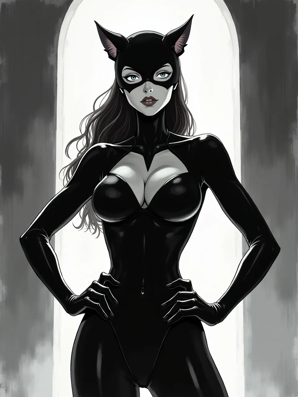 This stunning Catwoman digital artwork, influenced by Kentaro Miura, boasts high-contrast lighting accentuating glossy suit textures. Its detailed manga-style rendering offers a modern interpretation, rich in visual depth.