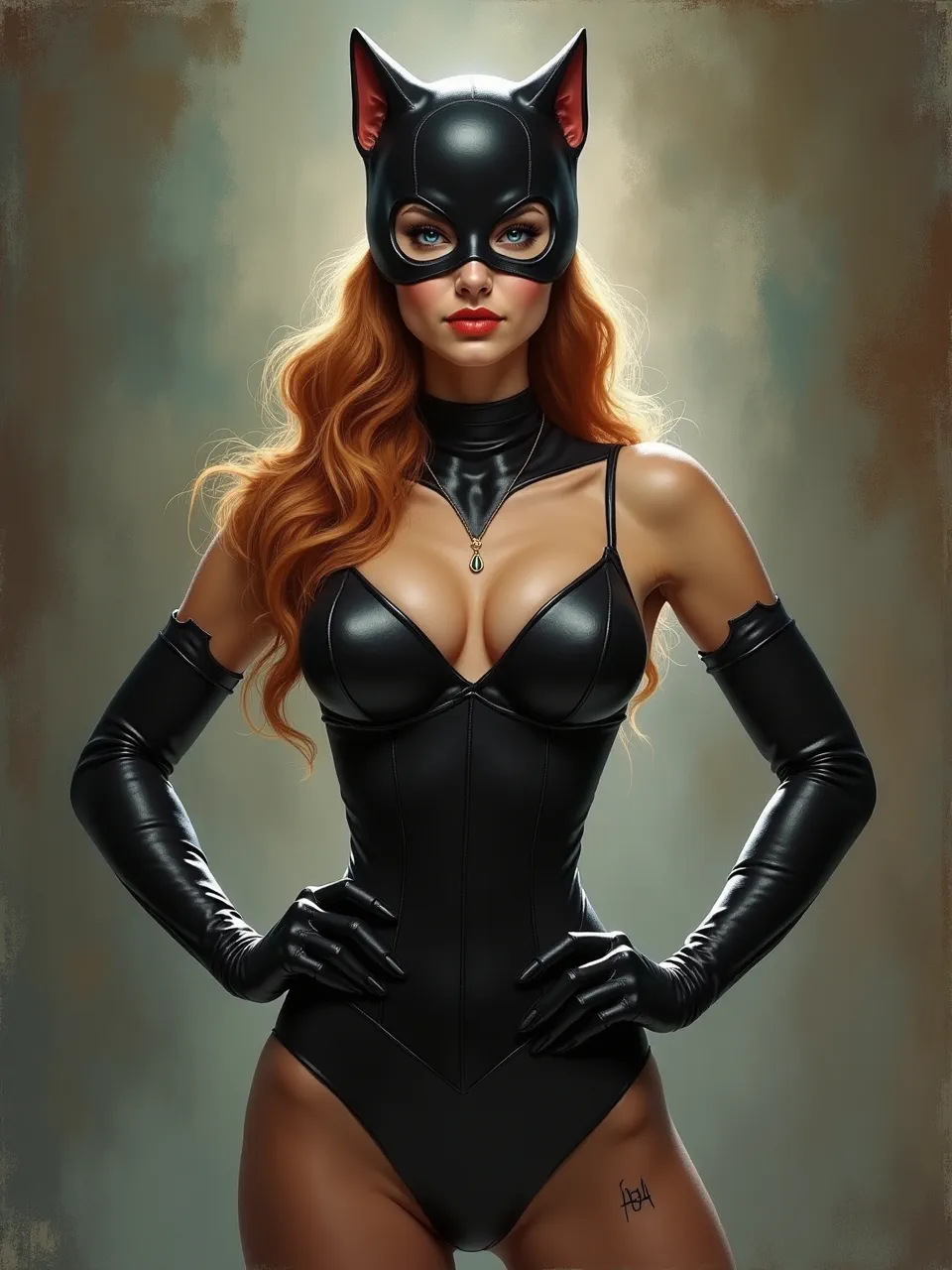 This Kevin Sloan-inspired Catwoman digital oil painting features dramatic lighting, accentuating glossy leather textures and luminous skin. A hyperrealistic artwork, it captures captivating, detailed artistry.