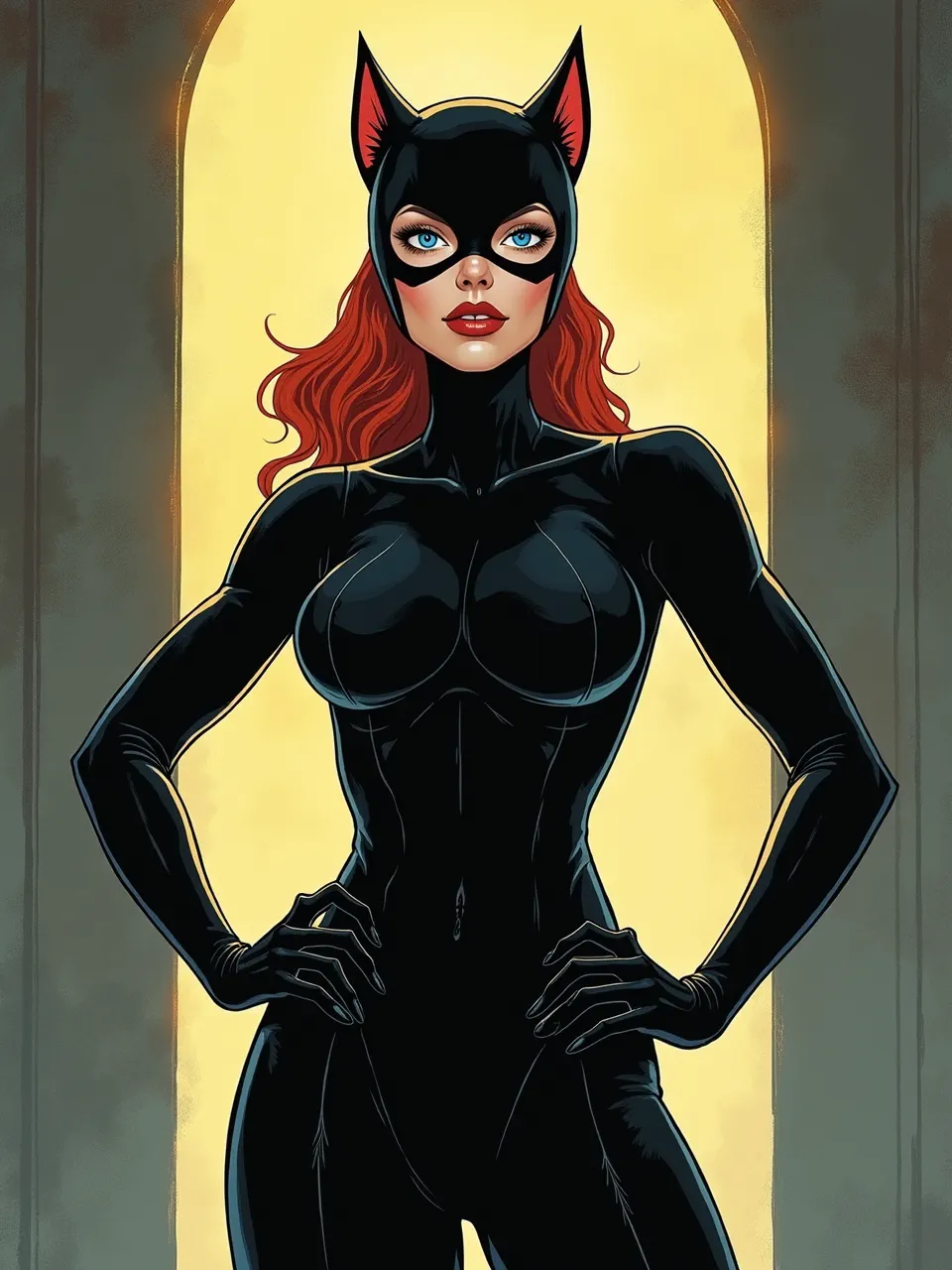 Captivating Kilian Eng-inspired Catwoman digital art. Dramatic backlighting emphasizes sleek suit textures and vibrant hair. This graphic novel illustration boasts sharp lines and luminous depth.