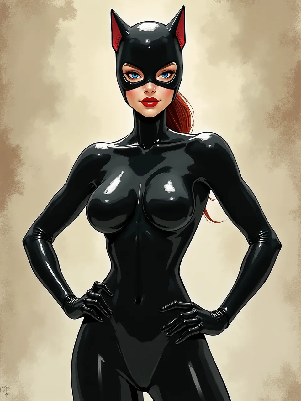 This Kim Jung Gi-inspired Catwoman generation features brilliant lighting highlighting sleek, glossy latex textures. This vibrant digital illustration masterfully captures comic-style detail.