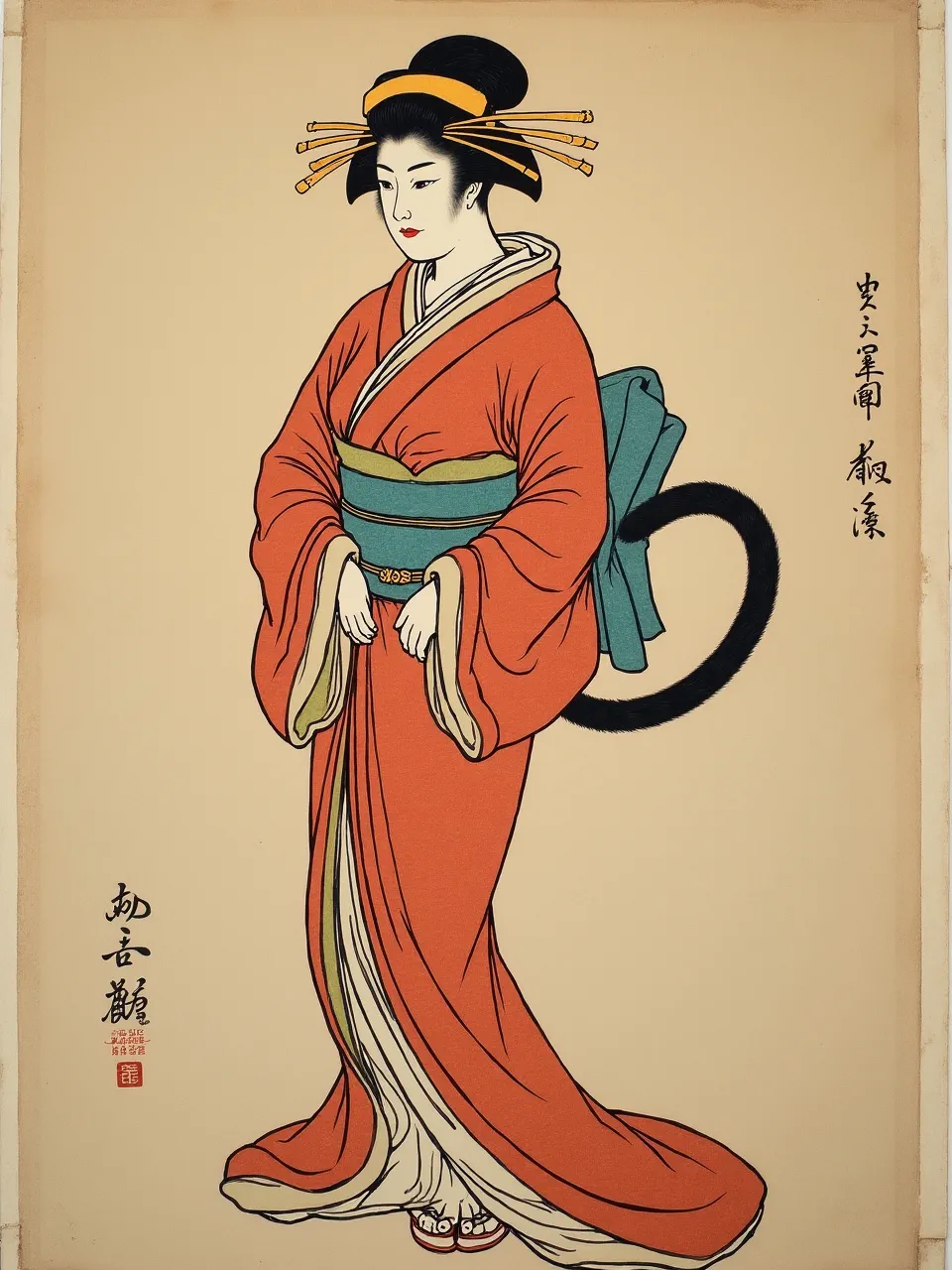 This Kitagawa Utamaro-style woodblock print reimagines Catwoman, showcasing flat, iconic lighting and crisp, flowing textures on simulated ukiyo-e paper. A stunning Japanese art fusion.
