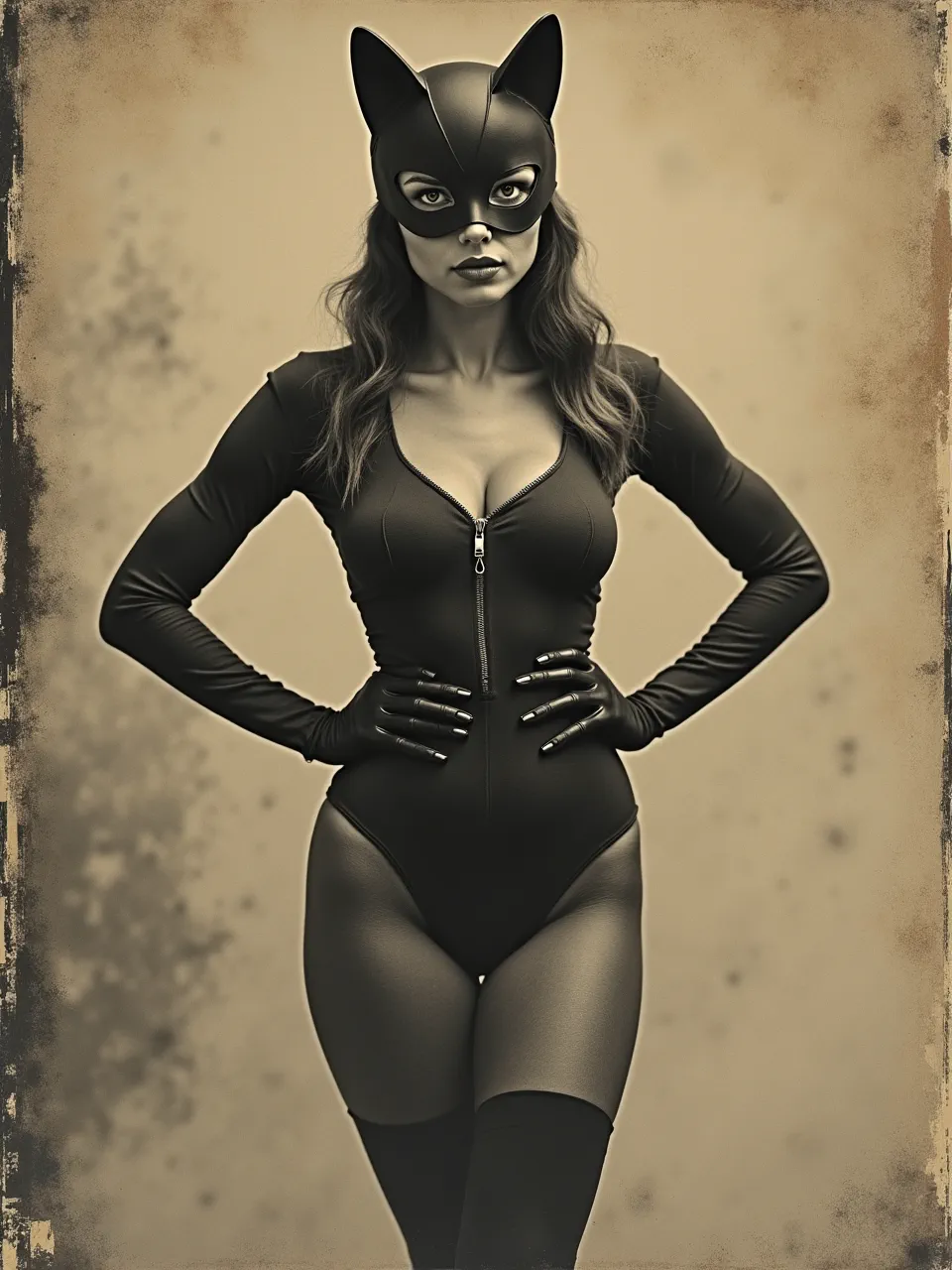 This stunning Catwoman, reimagined in Kurt Schwitters' collage style, uses dramatic lighting and distressed textures. A unique vintage digital artwork showcases profound mixed-media artistry.