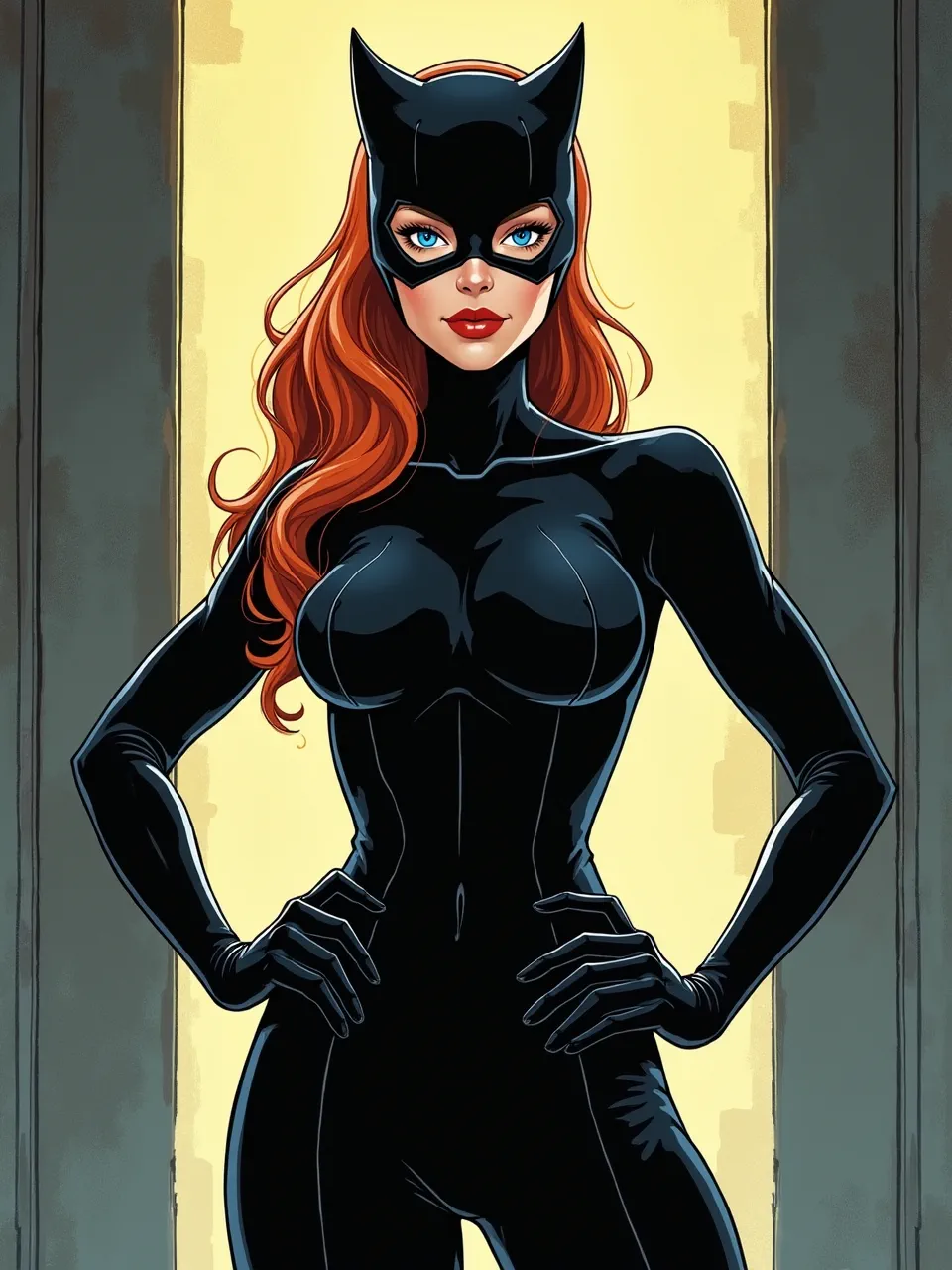 This dynamic Catwoman digital art in Laurie Greasley's style features vibrant lighting that enhances sleek, glossy textures, delivering a striking, high-contrast comic book aesthetic.