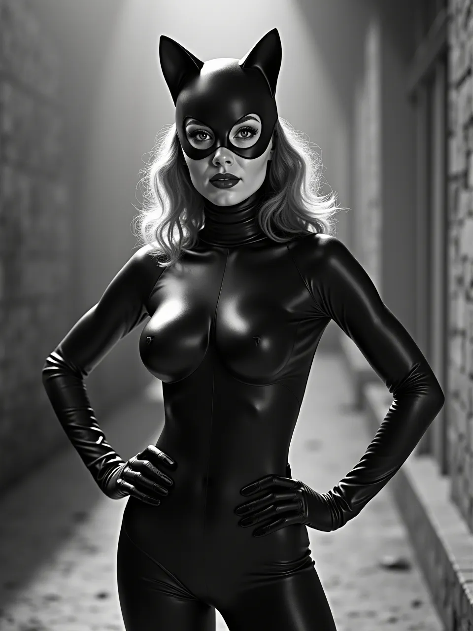 This striking Catwoman image, in Laurie Lipton's dark artistry, showcases dramatic monochrome drawing. Meticulously rendered with stark chiaroscuro lighting, it emphasizes glossy latex textures and intricate pencil details for powerful.