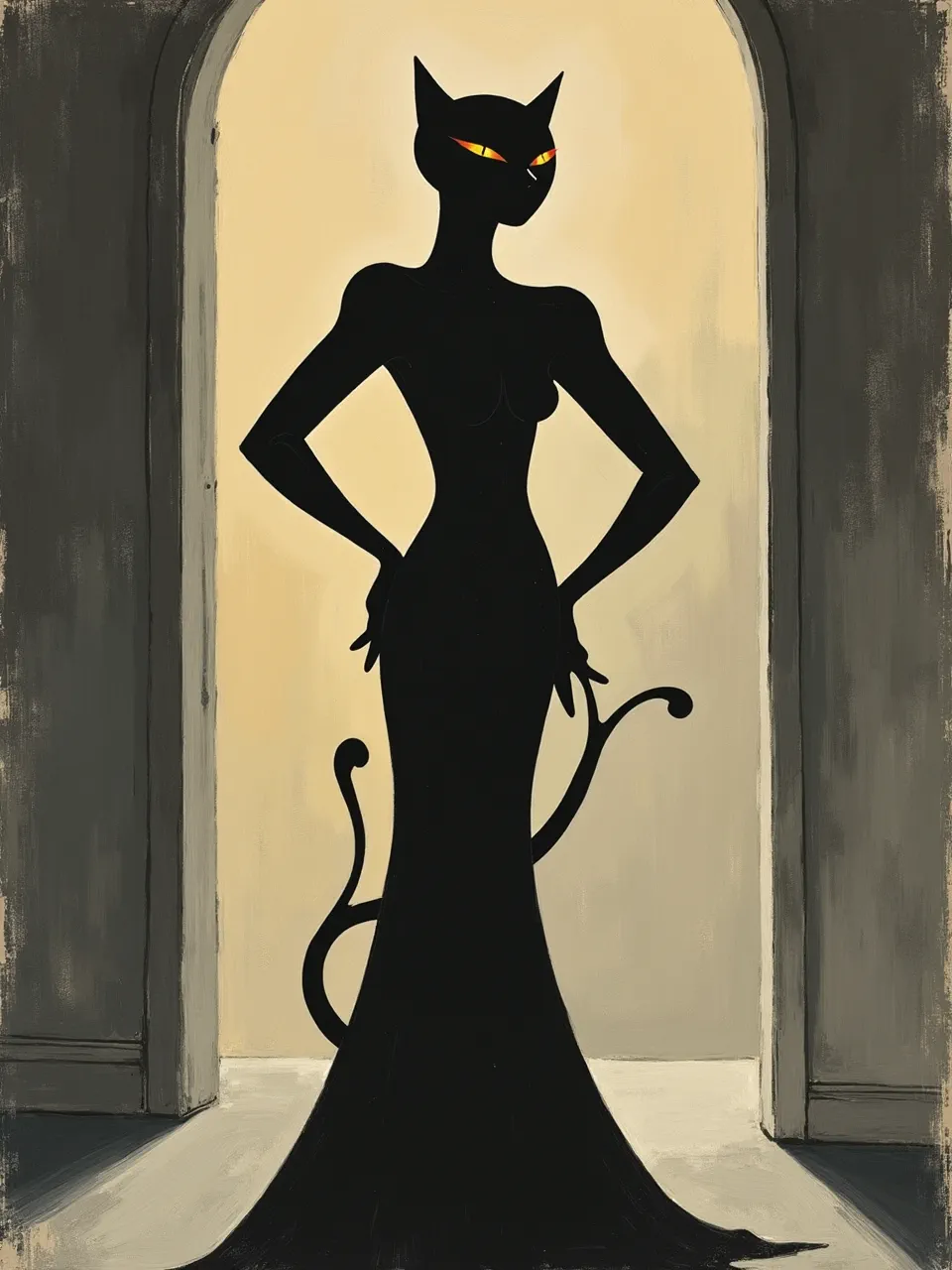 This Lawren Harris-inspired Catwoman digital painting features dramatic backlighting and subtly textured brushwork. Her elegant silhouette with glowing eyes achieves a minimalist, iconic painterly aesthetic.