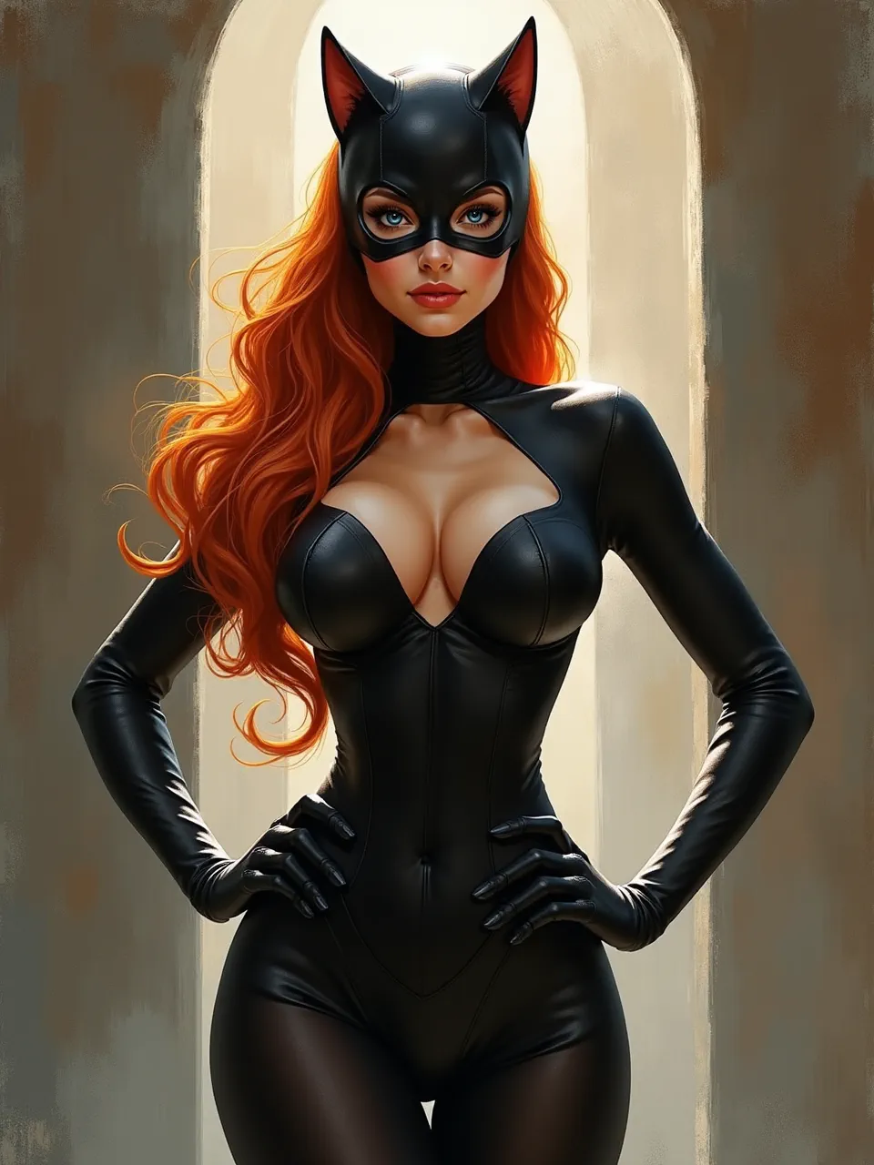 Experience Catwoman's allure through Flux AI, showcasing Leonid Afremov's vibrant lighting and rich textures. This unique digital painting masterfully interprets the artistic medium with striking detail.