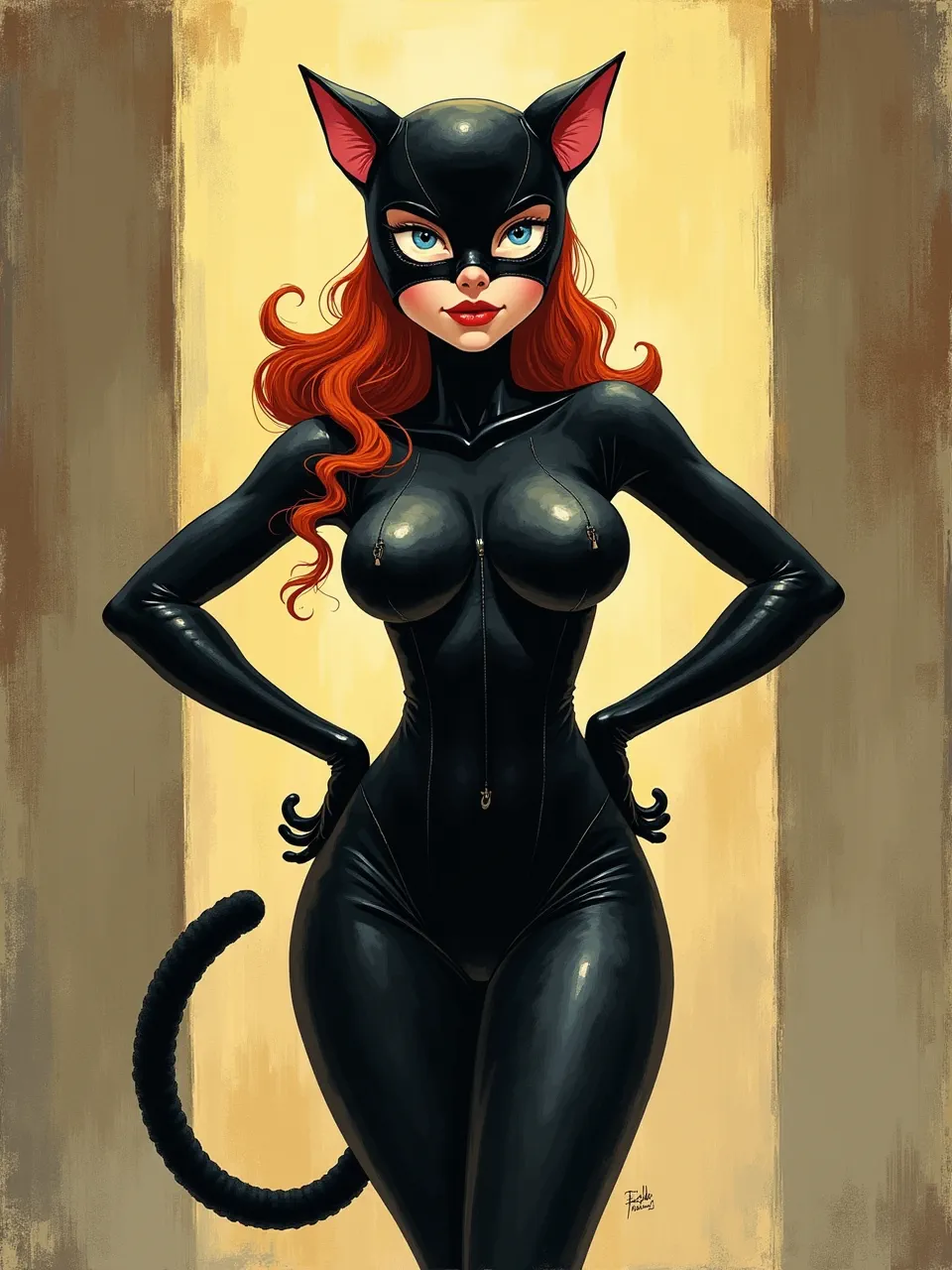 This vibrant Catwoman illustration, reimagined in Liniers' iconic style, boasts dynamic lighting on glossy latex textures and flowing red hair. A compelling digital painting, its painterly background adds depth.