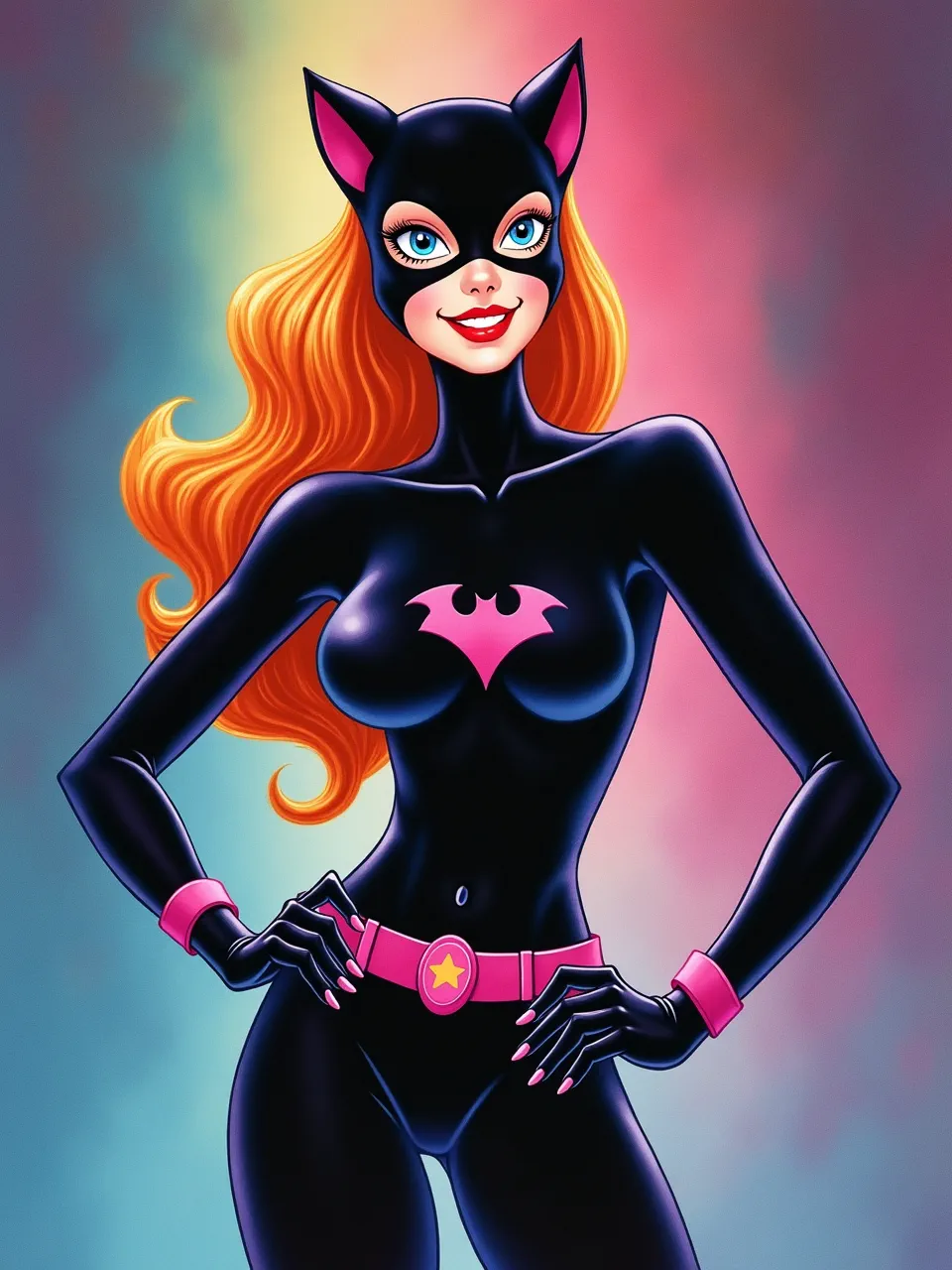 This vibrant Lisa Frank Catwoman digital illustration shines with glossy textures and iridescent lighting. A stylized pop art masterpiece, her sleek form captures dazzling, neon-kissed superhero charm.