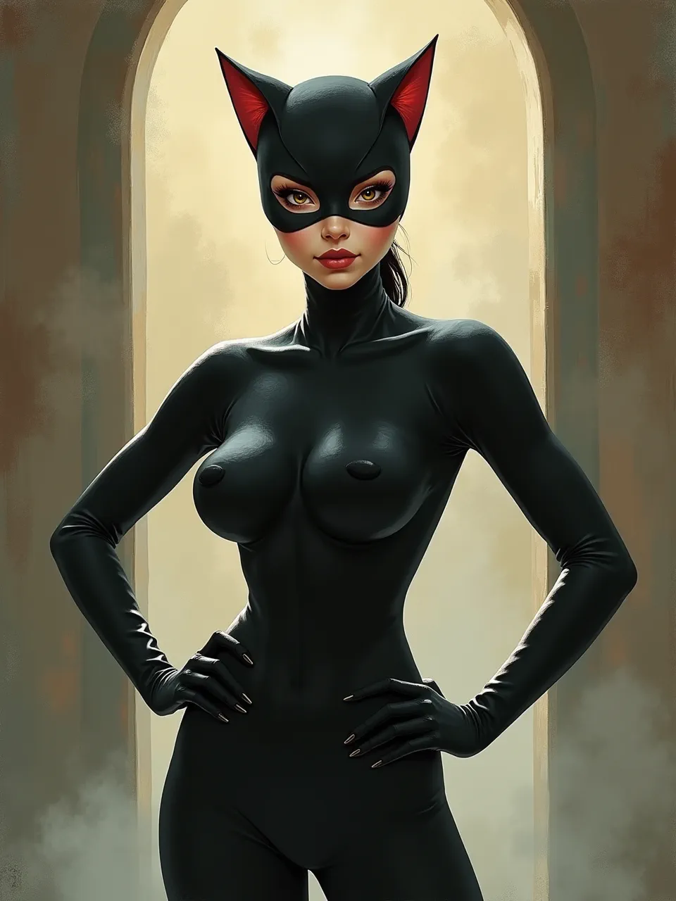This AI-generated Catwoman, in Liu Ye's distinct style, features striking soft lighting emphasizing sleek, almost liquid textures. A captivating digital painting showcasing precise rendering and vibrant details.