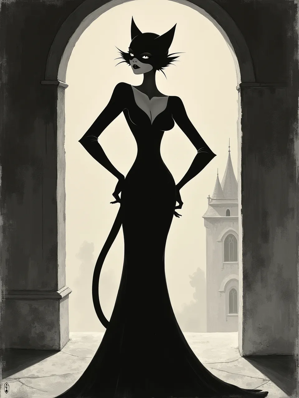 Experience Catwoman through Lotte Reiniger's iconic silhouette animation style. Dramatic backlighting emphasizes stark paper-cut textures in this elegant monochrome noir masterpiece, capturing her essence.