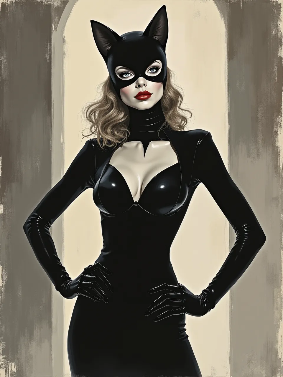 This Loui Jover Catwoman art features dramatic lighting illuminating glossy textures of her sleek mixed-media costume. A raw, painterly background heightens this striking, iconic digital art portrayal.