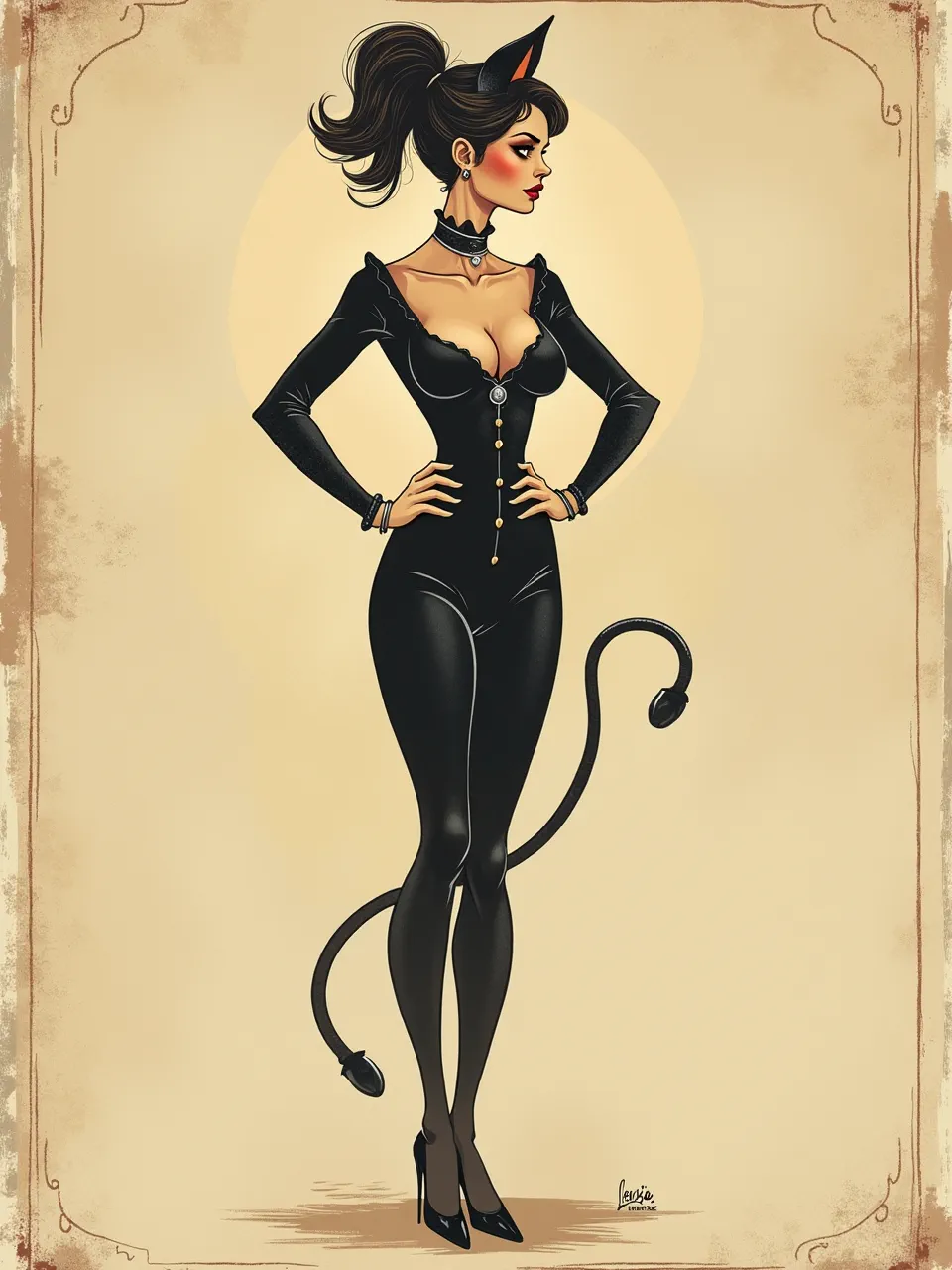 This captivating Catwoman in Louis Icart style boasts soft backlighting illuminating sleek, glossy catsuit textures. An Art Deco digital illustration, beautifully blending vintage etching aesthetics with modern allure.