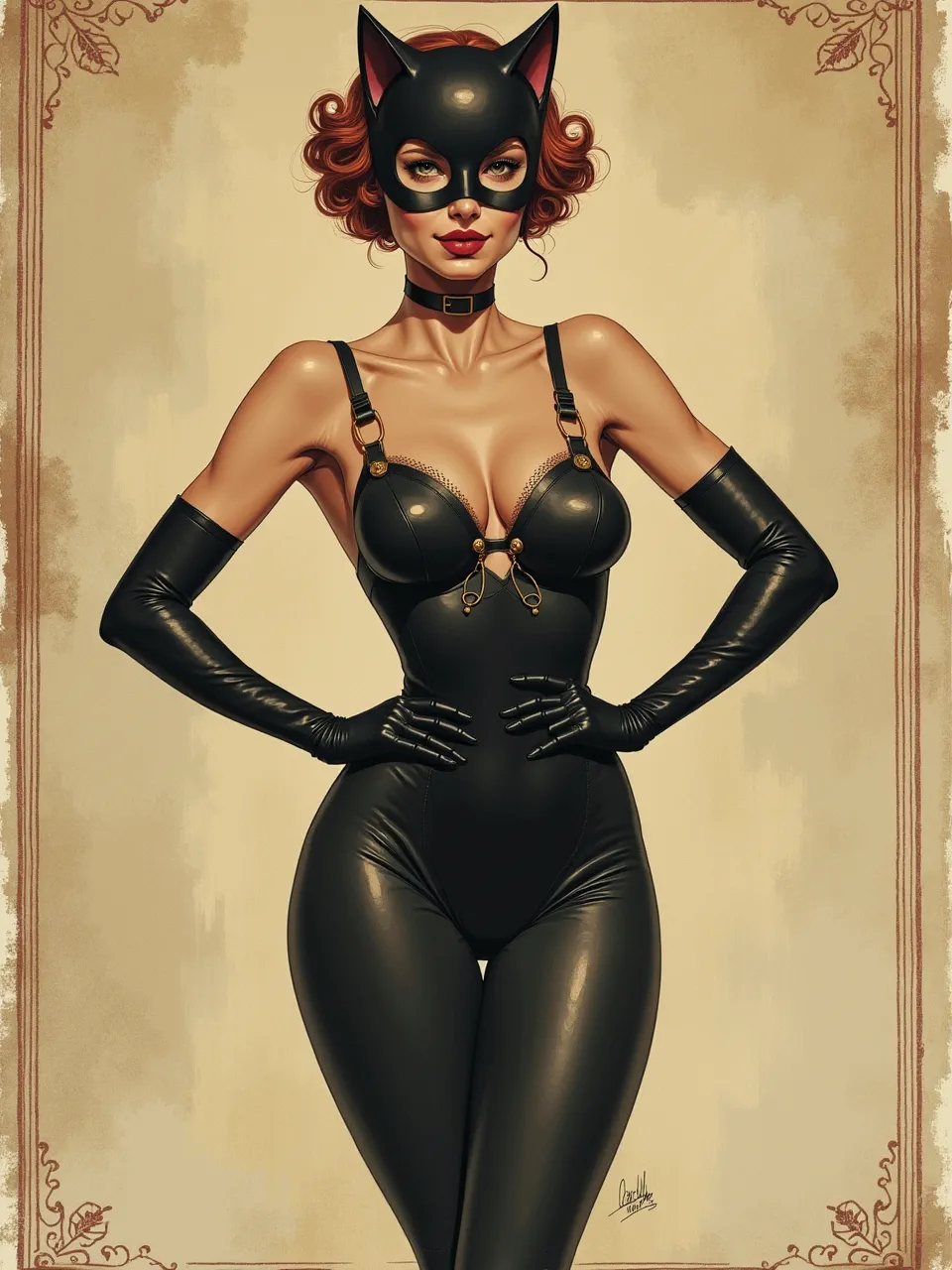 Catwoman reimagined in Louis Rhead's Art Nouveau style, featuring dramatic lighting on glossy latex textures. This captivating digital illustration showcases intricate detail and rich artistic medium.