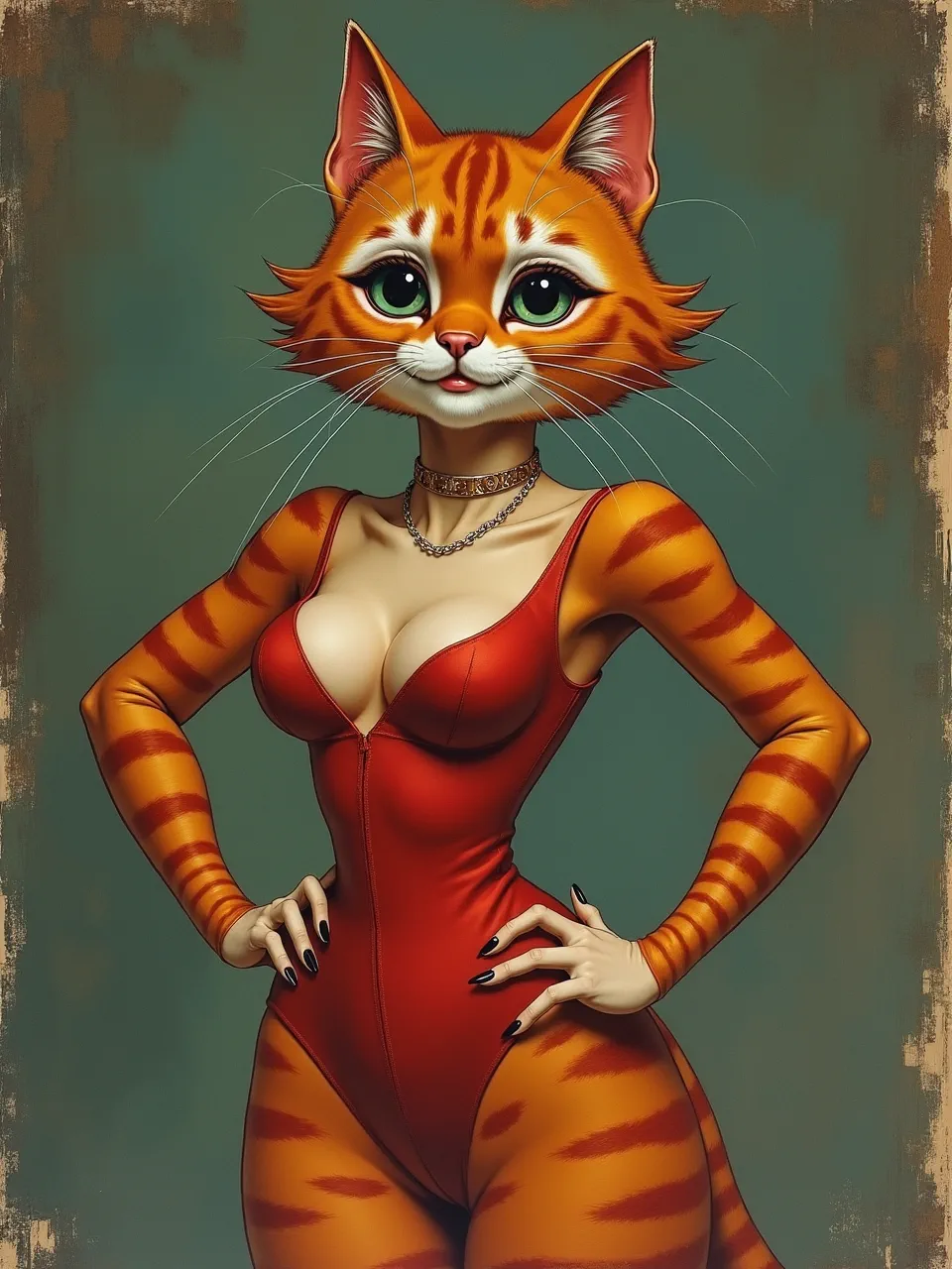 This vibrant Flux AI Catwoman digital painting, in true Louis Wain style, showcases rich fur textures and a sleek suit. Dramatic lighting illuminates this anthropomorphic illustration, exuding feline elegance.