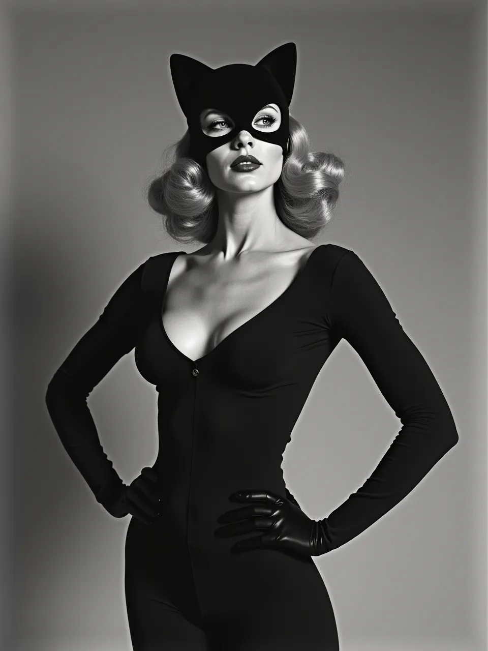 This AI-generated Catwoman photo, in Louise Dahl-Wolfe's style, features stunning studio lighting, rich black and white photographic textures, and a classic fashion aesthetic.