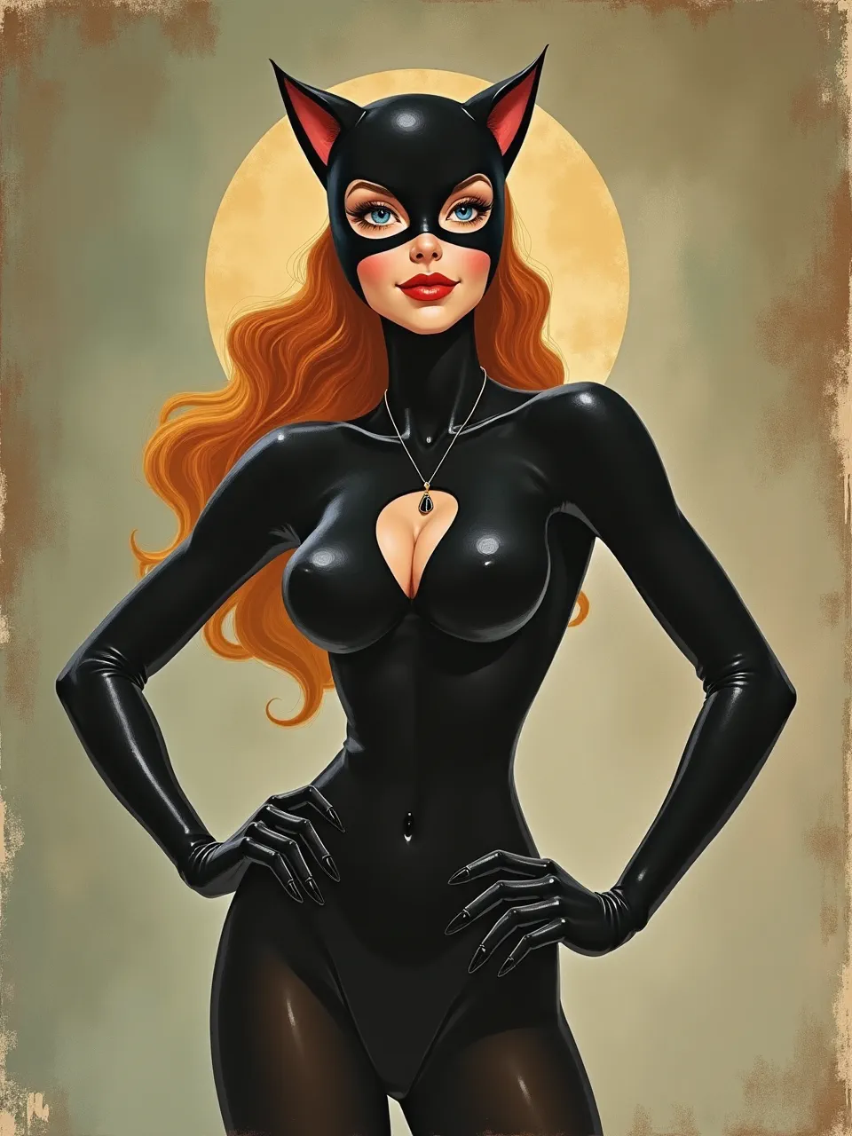 Lowell Herrero's vibrant lighting dramatically highlights Catwoman's incredibly glossy, reflective latex textures. This stunning airbrush-style digital painting perfectly captures a truly striking, retro pin-up aesthetic.